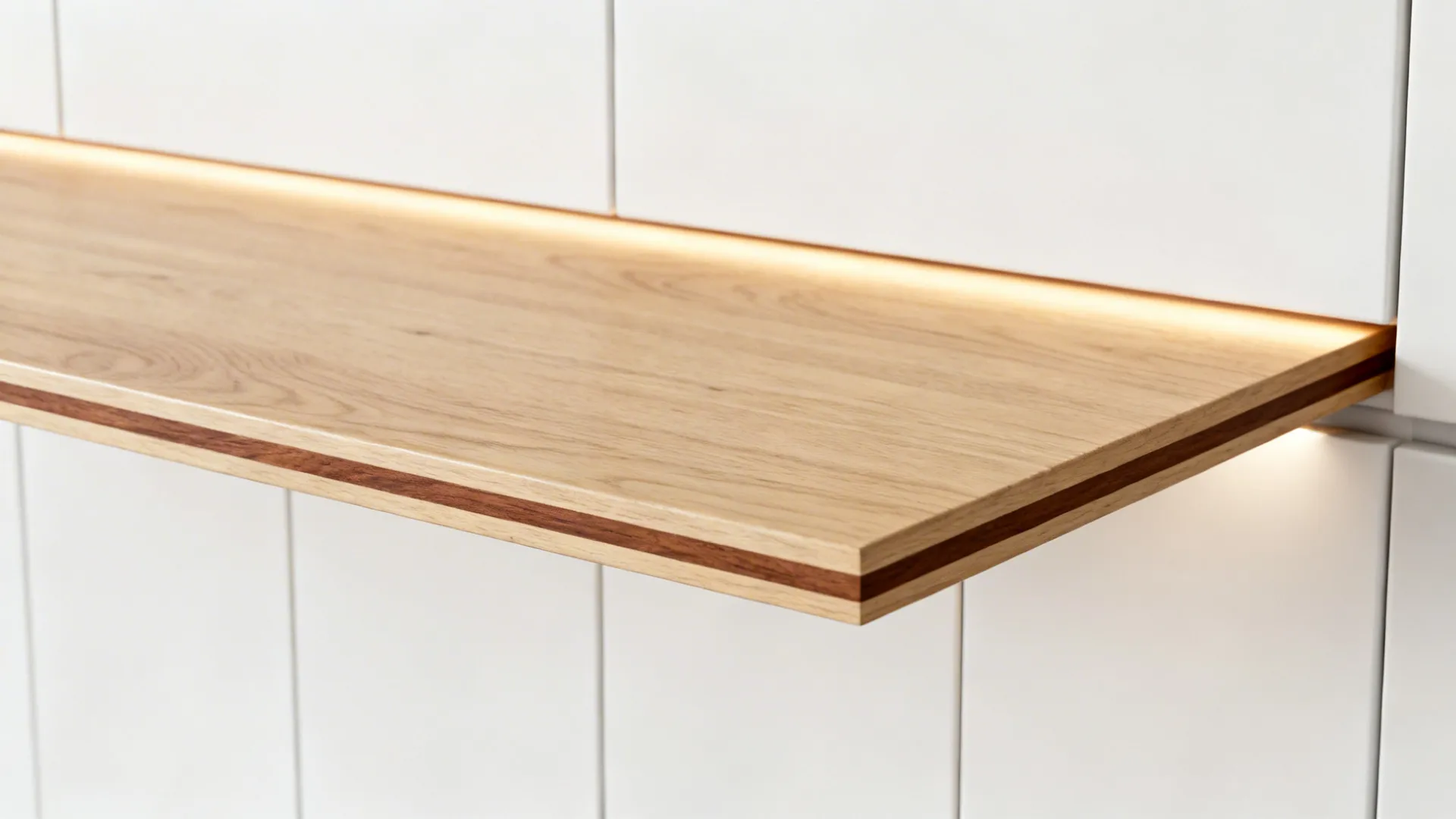 Wooden wall shelf with warm light fixture installed behind it on a white wall panel