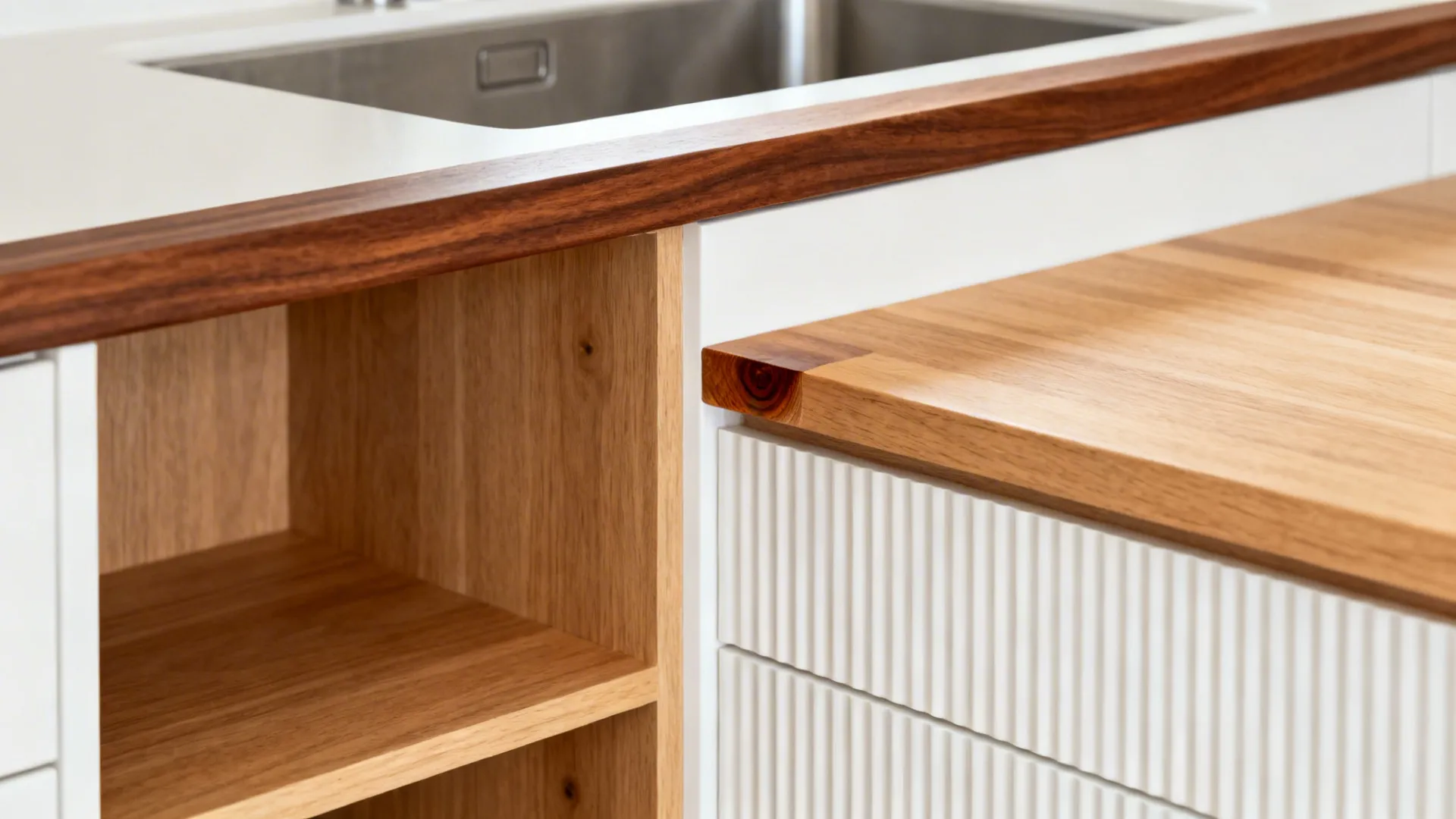 Macro of walnut rail and ash shelf with satin finish adding warmth to white cabinetry.