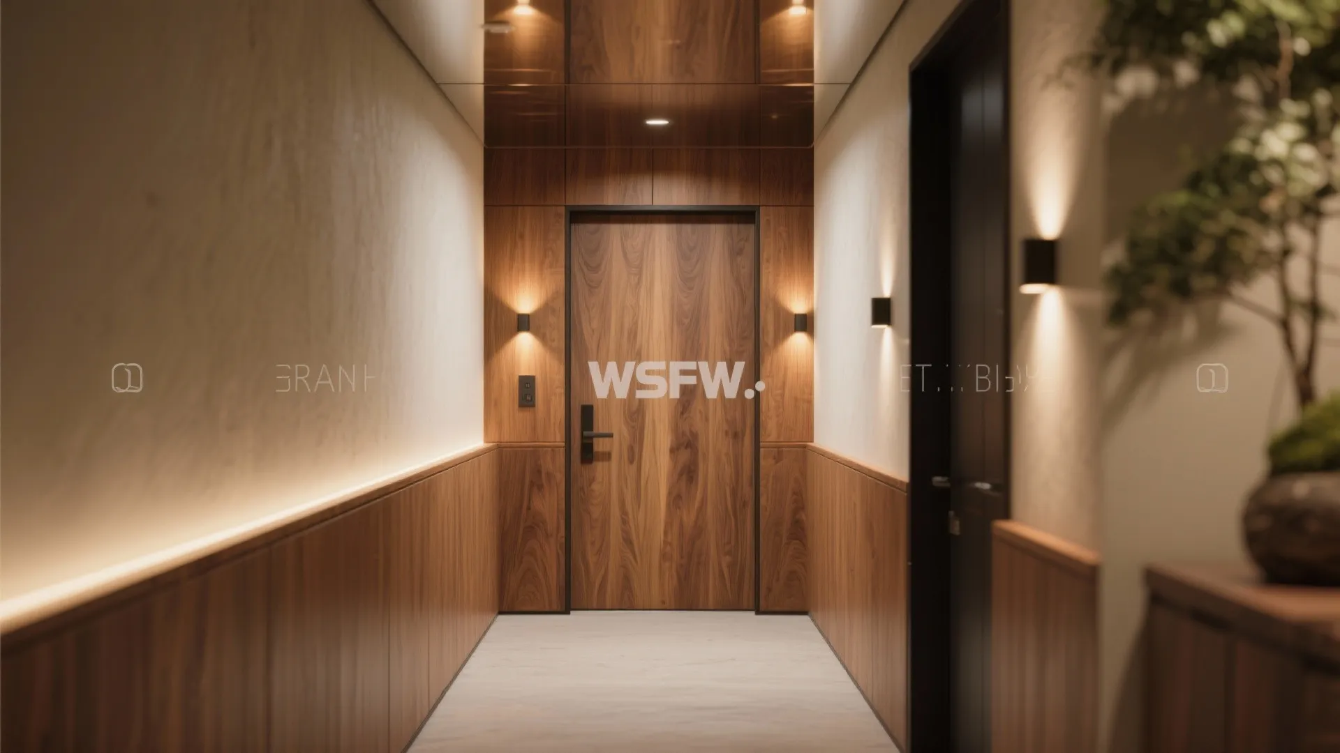 Warm wood accents with integrated wall lights