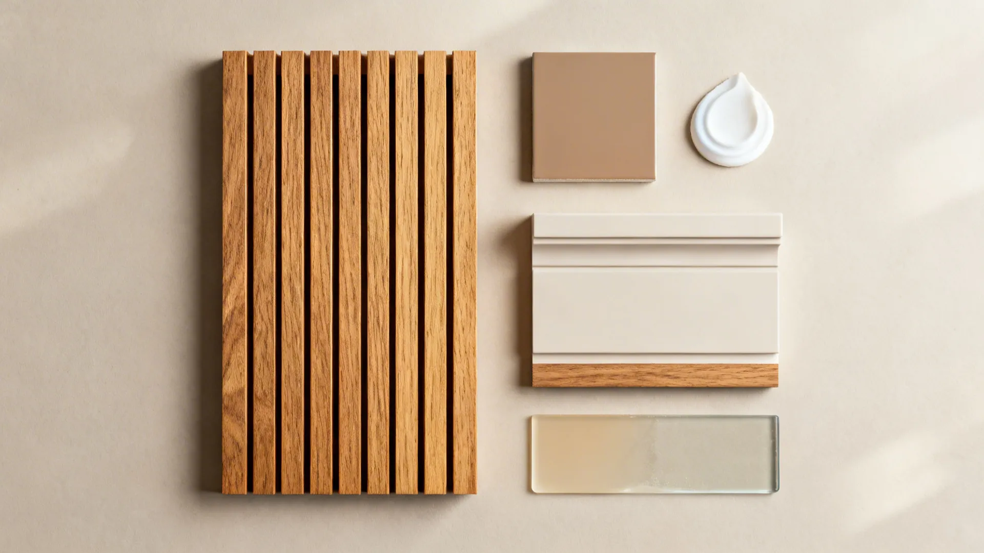 Flatlay of oak slat, matte lacquer, silicone reveal, and clear coat samples for warm accents.