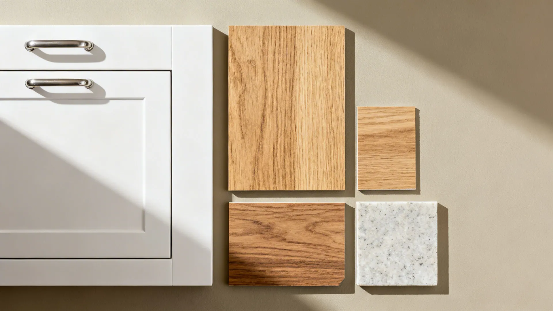 White kitchen cabinet door next to different wood samples and a grey stone countertop material