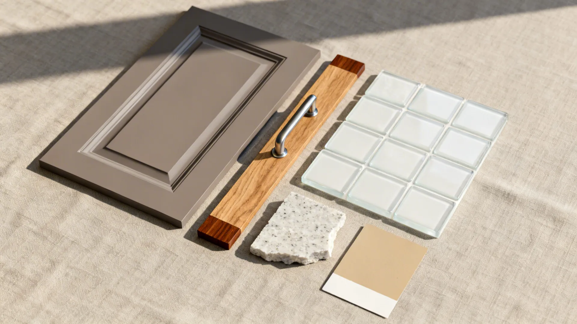 Flat lay of warm gray laminate, oak veneer, walnut edge, glass tile, and quartz-look samples.
