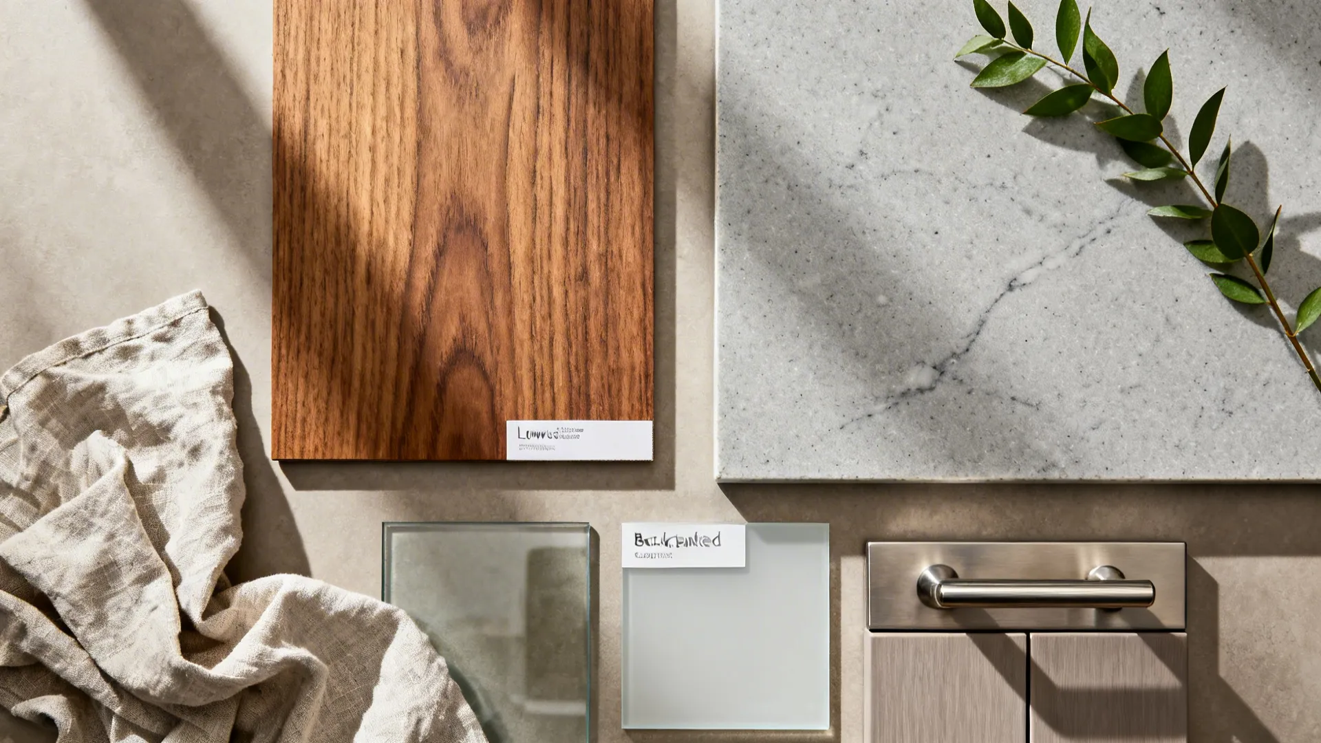 Material flatlay with warm wood veneer, matte quartz, glass chip, and cabinet samples.