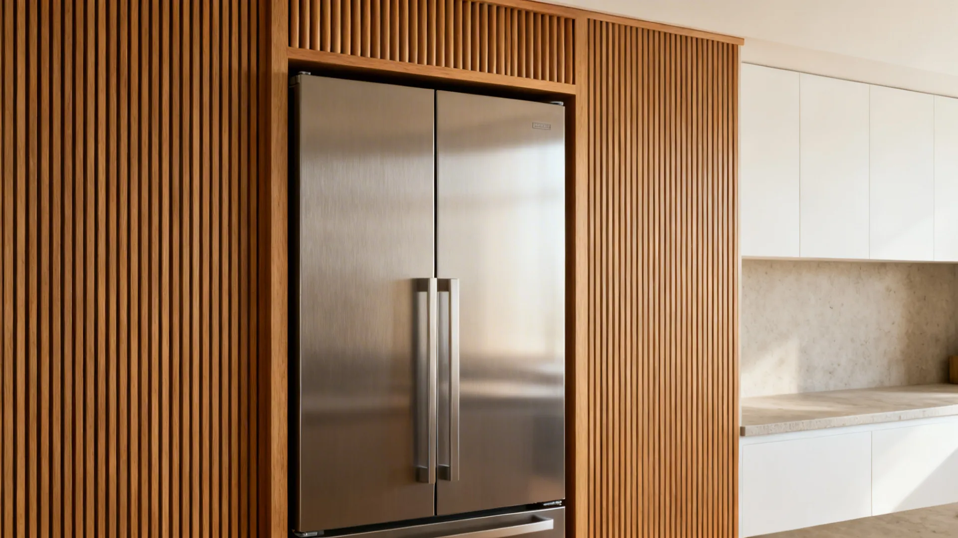 Stainless fridge integrated with slim oak slatted panels and a shallow tambour in a calm Japandi kitchen.