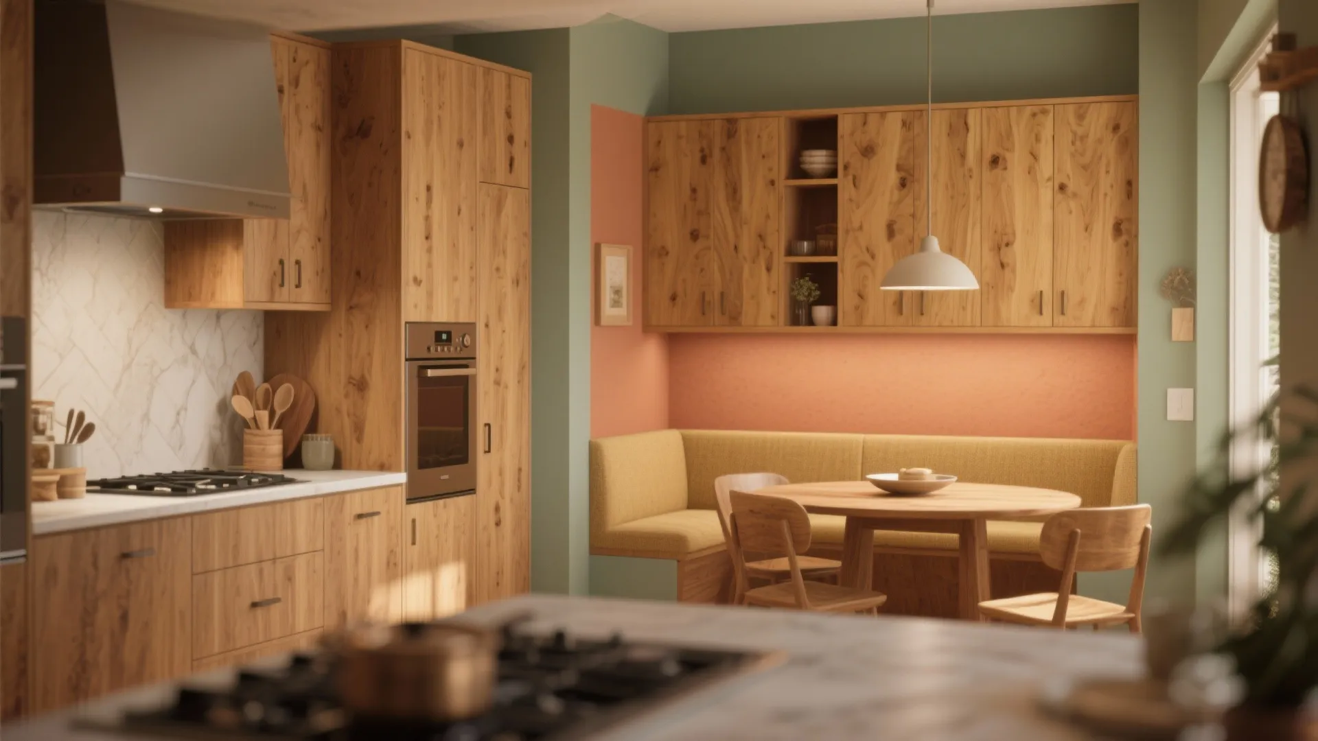Modern wood kitchen with green and pink walls plus a built-in bench around dining table