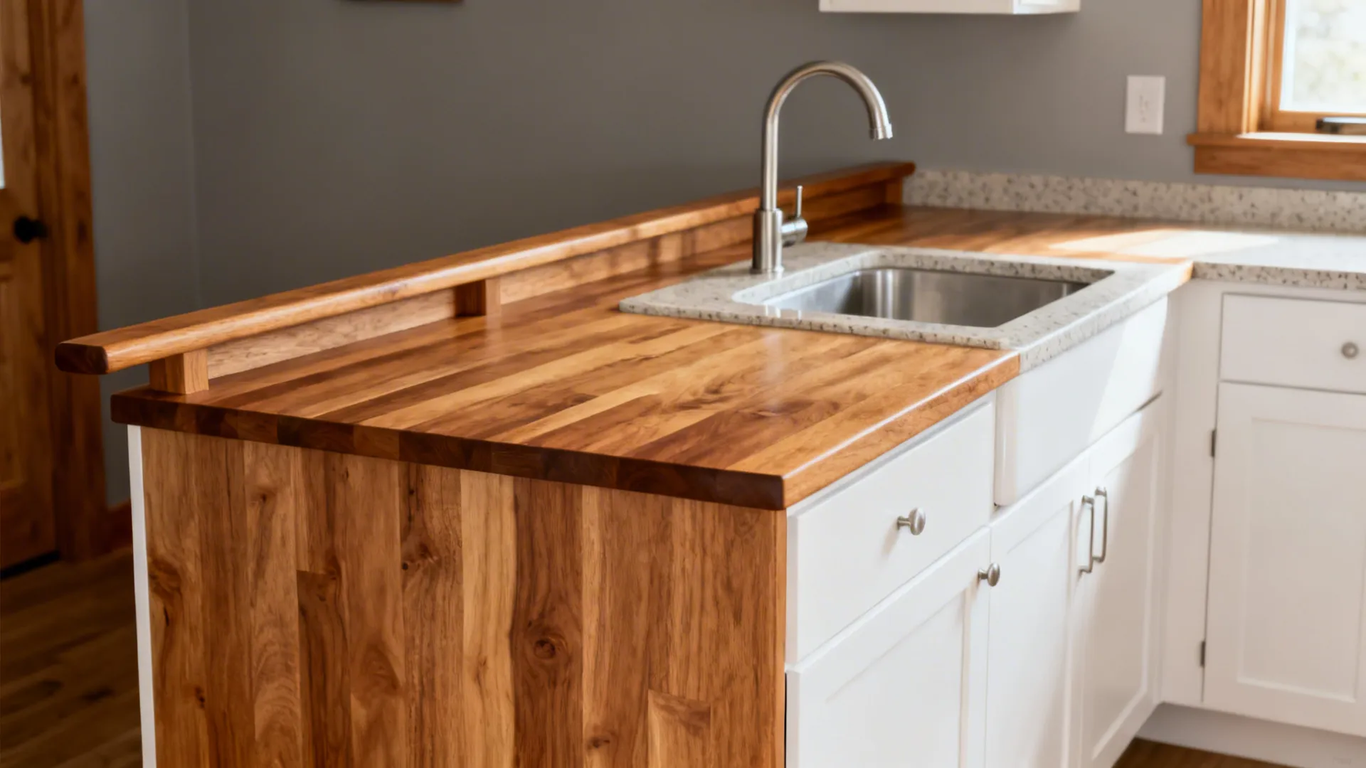 Compact kitchen with oak butcher block counters and white cabinets under warm light.