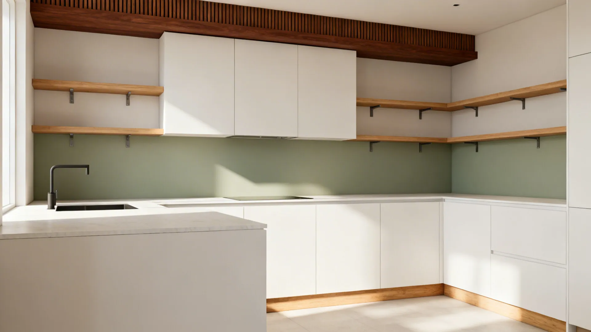 Minimalist compact kitchen with walnut trim, oak shelves, and matte white cabinets.