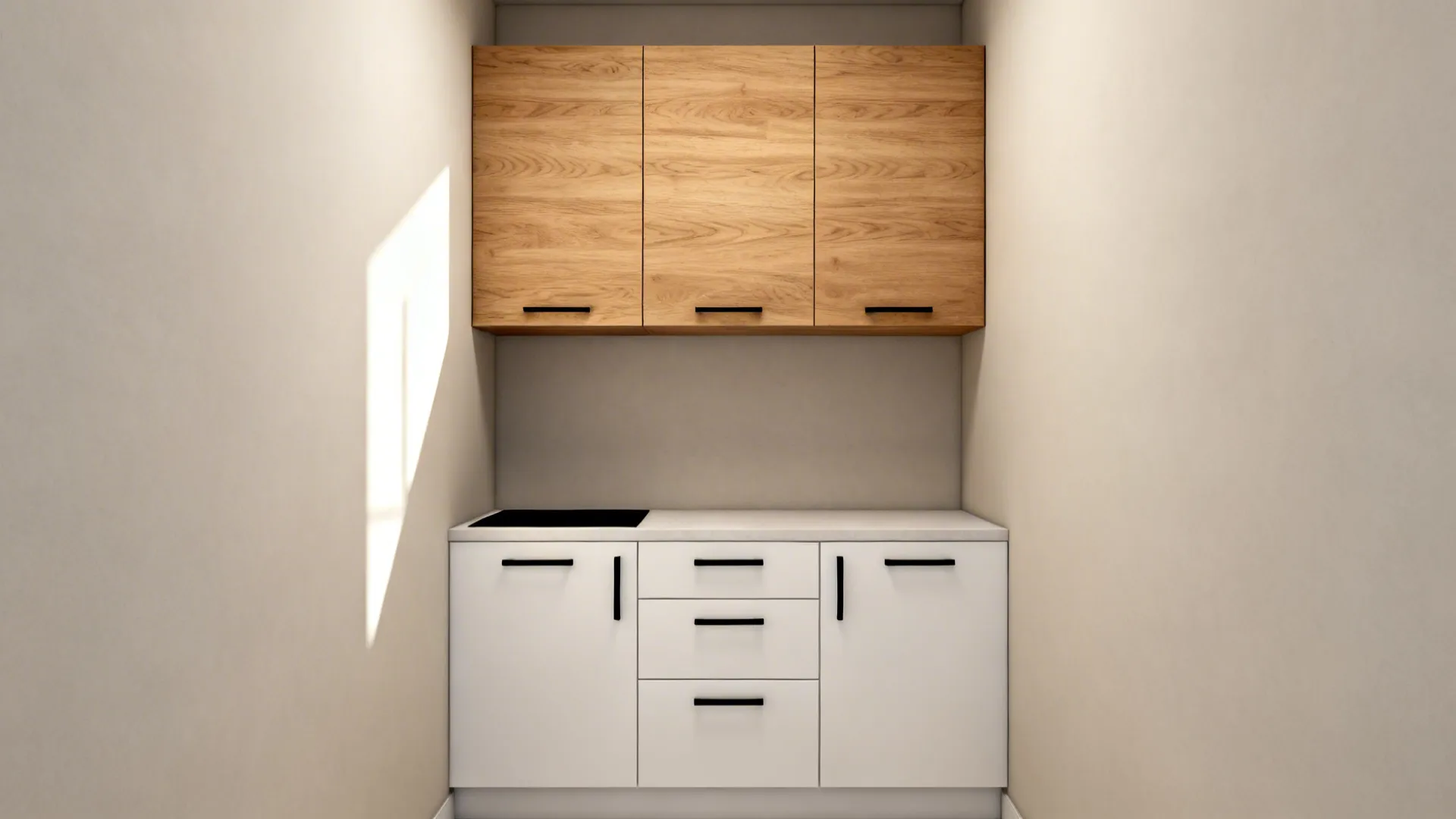 Small kitchen with wood upper fronts and matte white base cabinets in soft daylight.