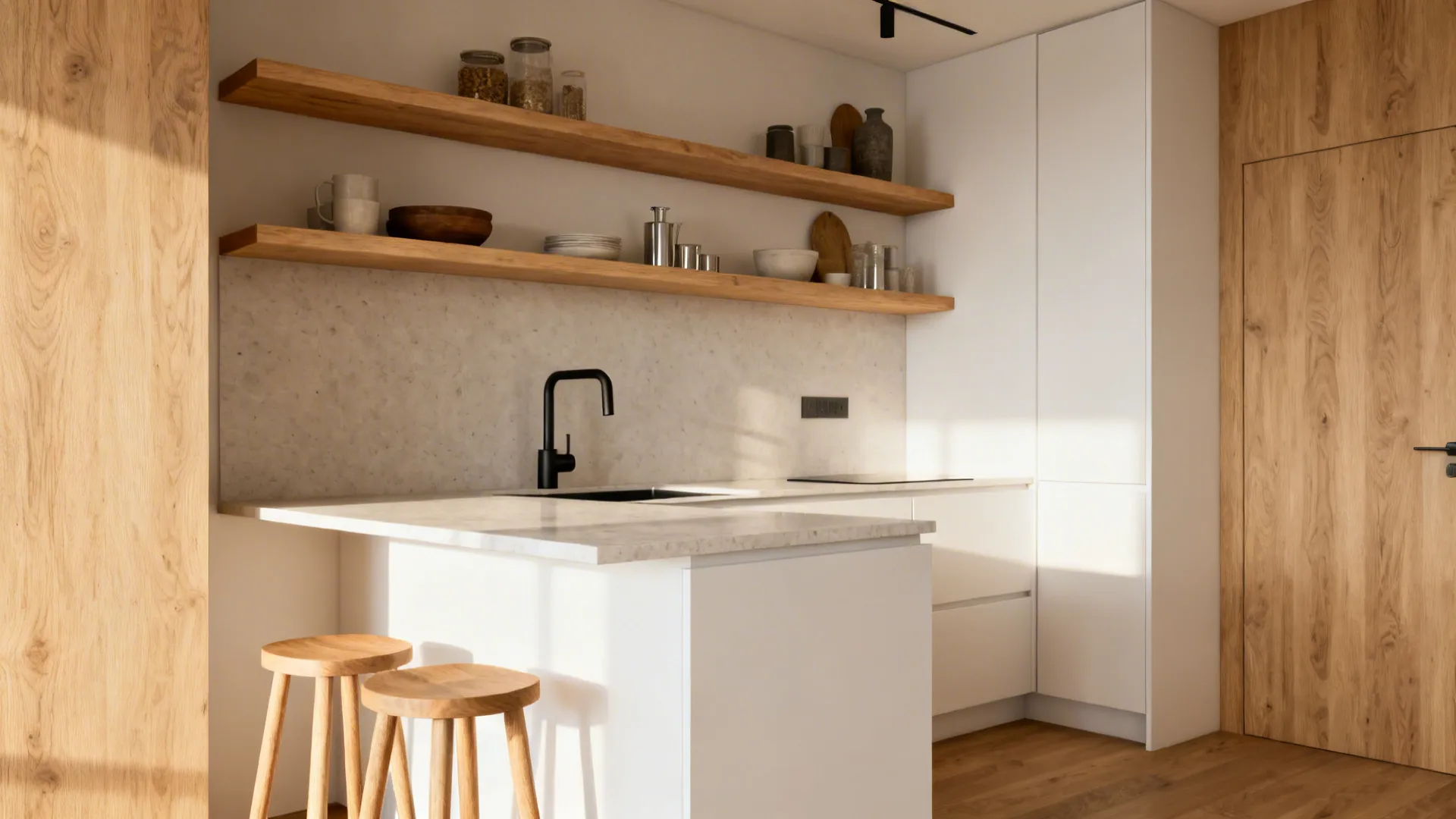 Minimalist white kitchen warmed by light oak shelves and accents under soft daylight.