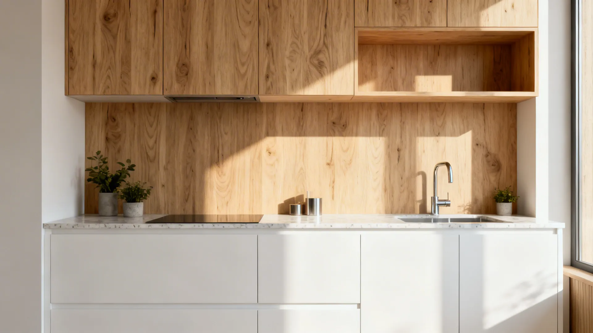 Small modern kitchen with white bases and rift-cut oak uppers in soft morning light.
