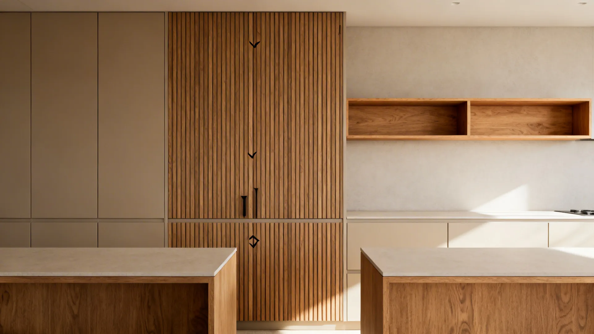 Compact kitchen with warm oak veneer accents balanced by matte neutral cabinetry.