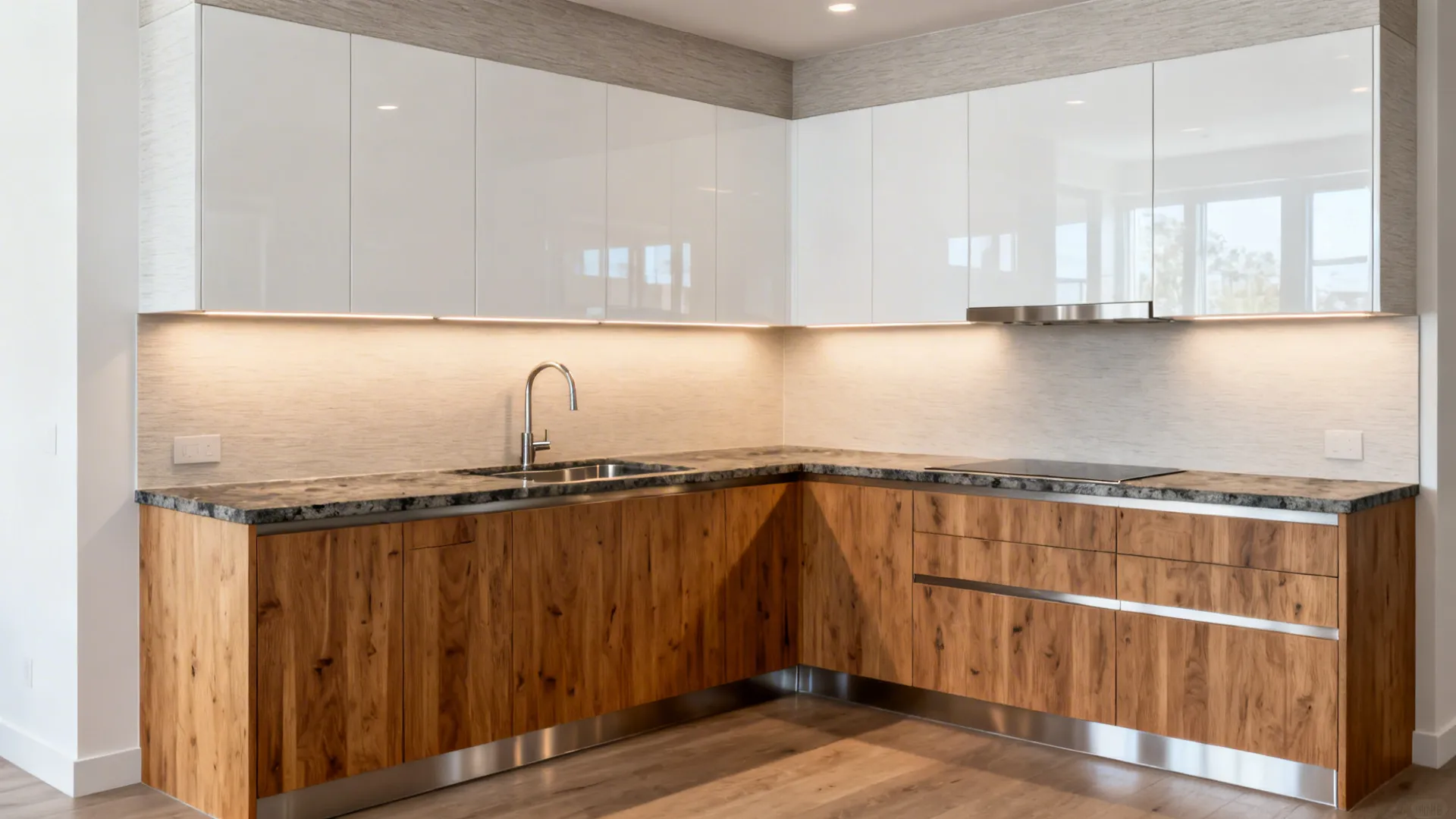 L-shaped kitchen with oak veneer bases, satin white uppers, and sintered stone counters under warm lighting.