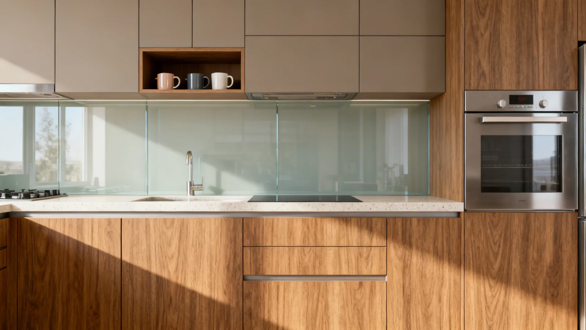 Warm wood-look base cabinets with neutral uppers and a light quartz top in an HDB kitchen.