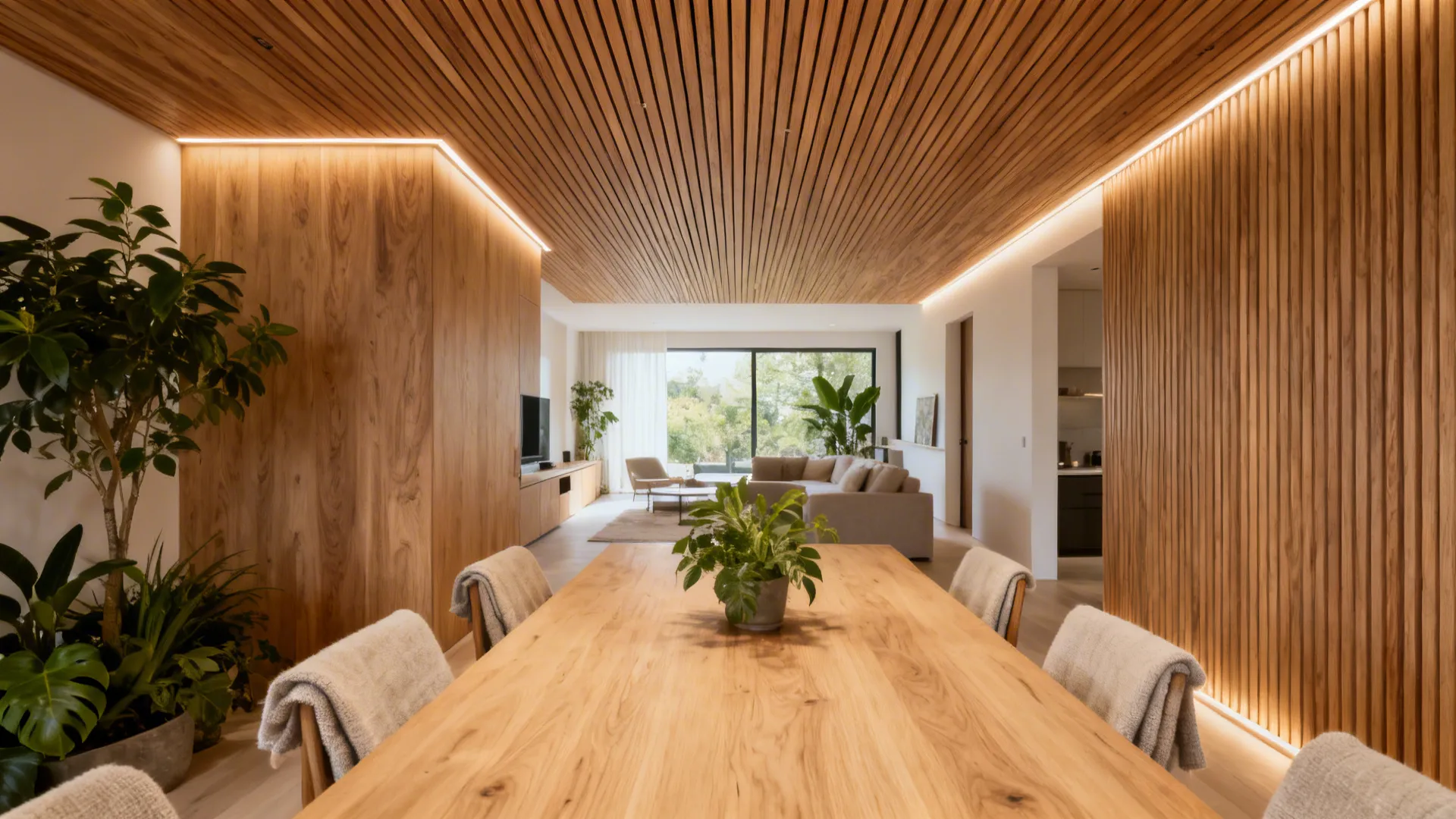 Dining area with a wood ceiling accent and hidden LED grazing light.