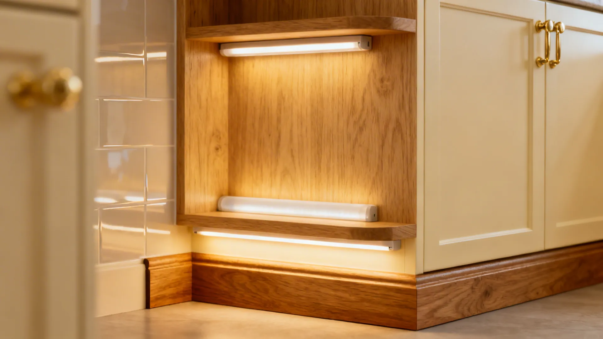 Open white oak shelf with integrated LED strip on the short leg of a small L-shaped kitchen.