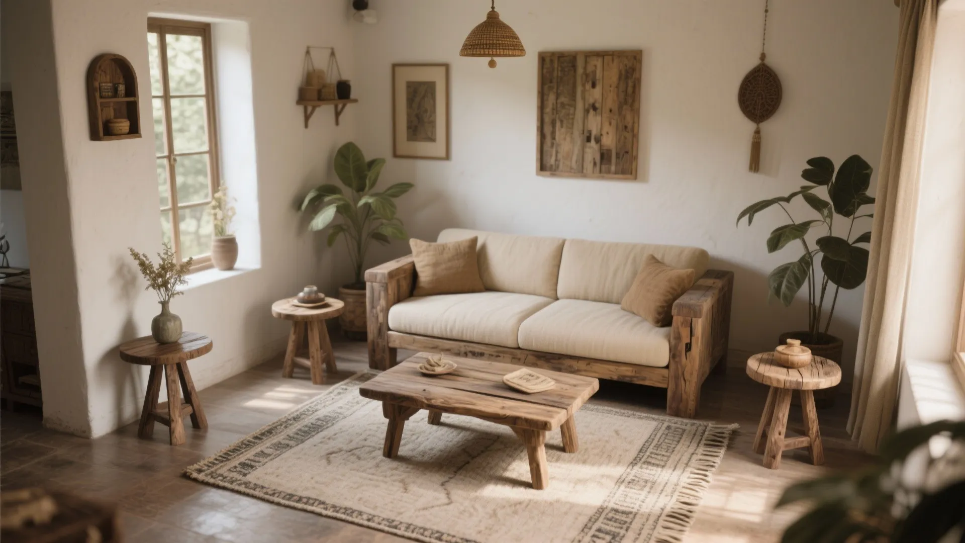 Rustic living room with wooden sofa frame low coffee table woven rug and indoor green plants