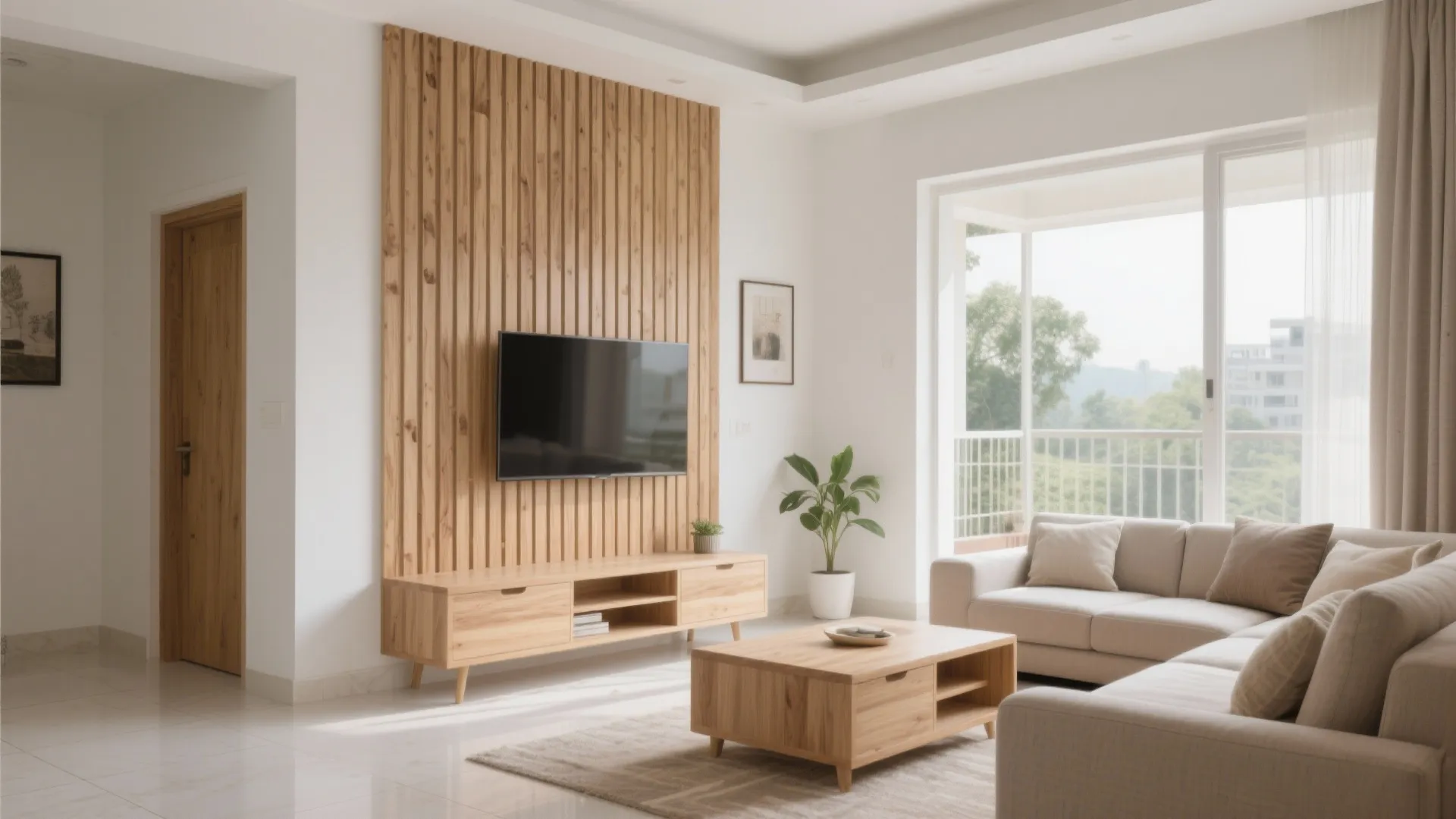Modern living room with wood wall panel, television, light beige sofa, coffee table, and window