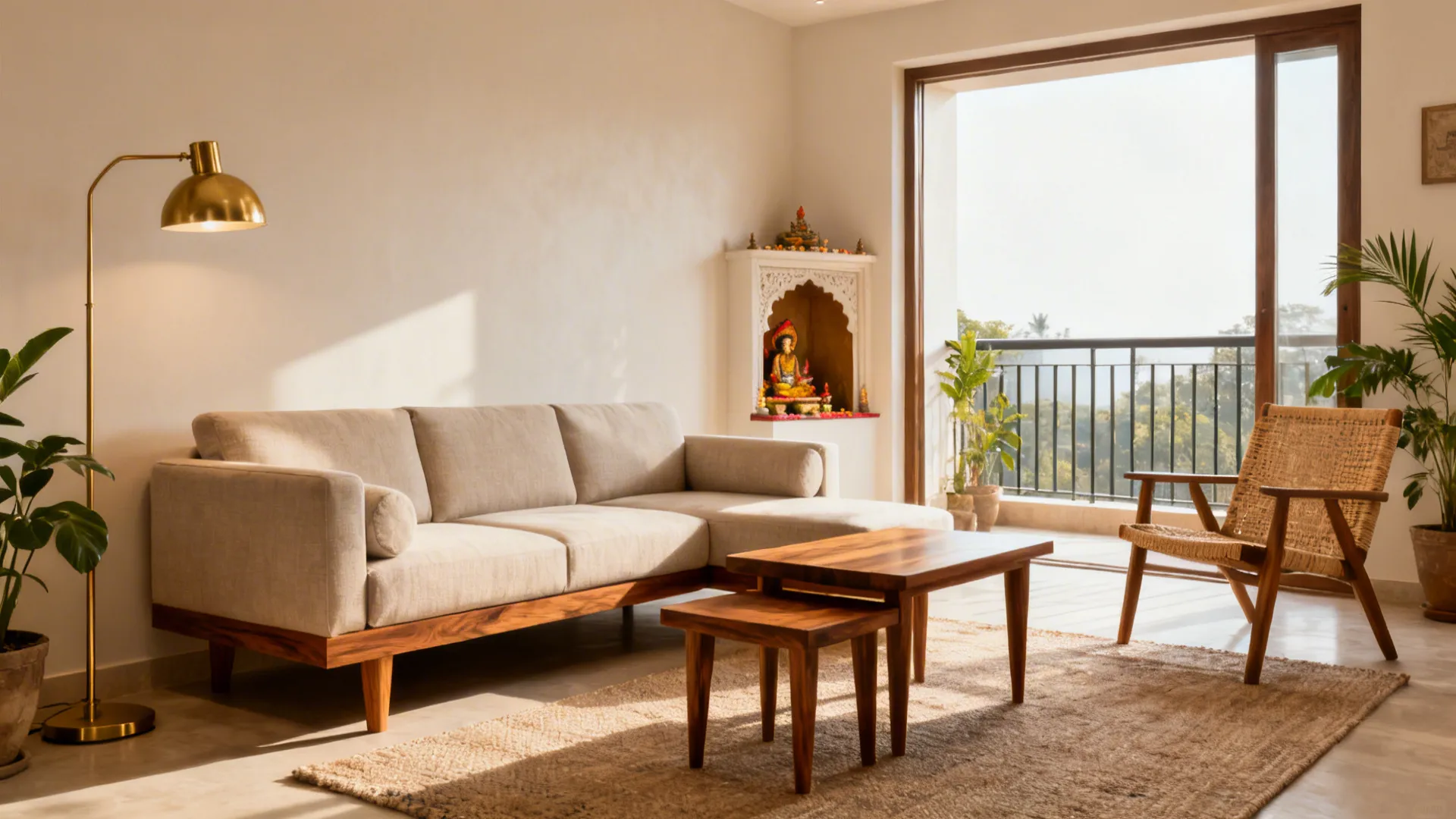 Low-profile neutral L-shaped sofa with teak accents in a warm Indian modern living room.
