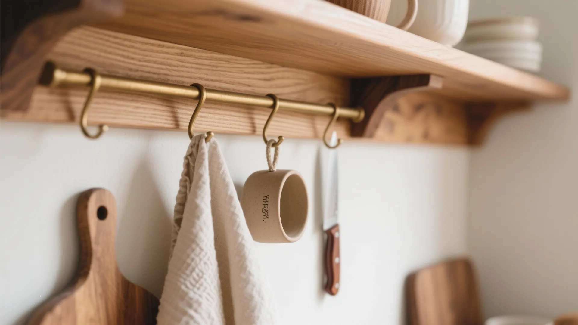 Close up of a wooden wall shelf with brass hooks holding a cloth and small cup