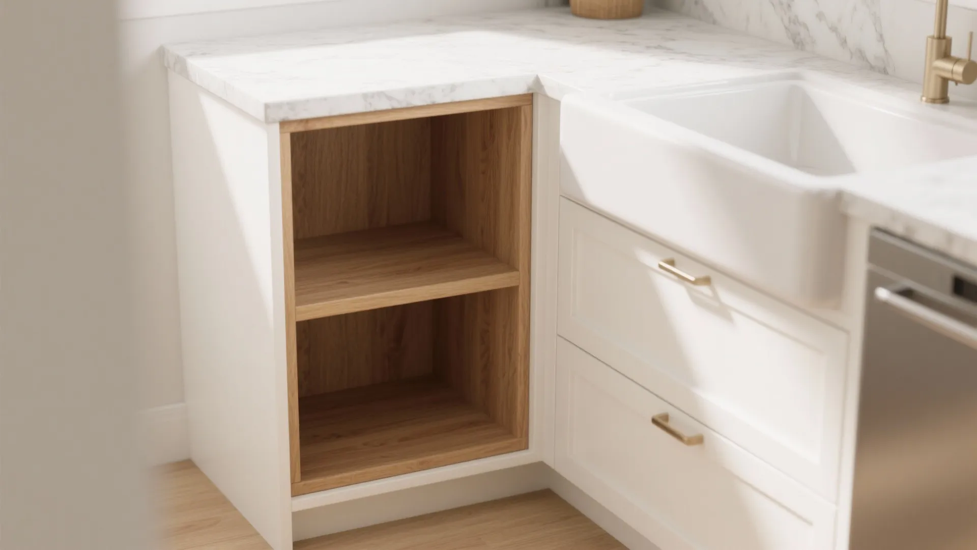 Close up of white kitchen cabinet with wood shelves marble countertop and a white kitchen sink