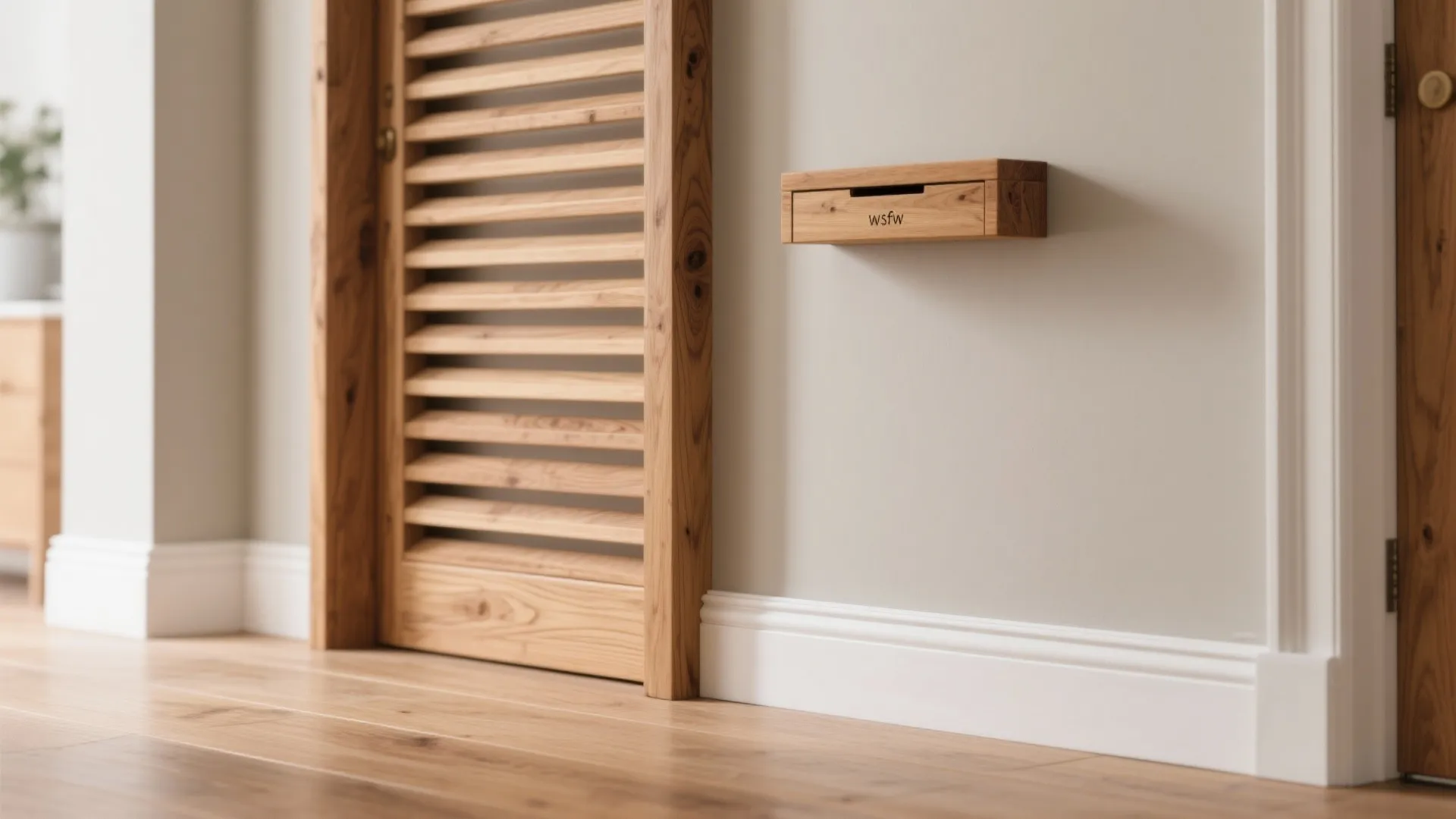 Macro detail of low-sheen oak skirting and slatted screen adding warmth to a minimalist hall.