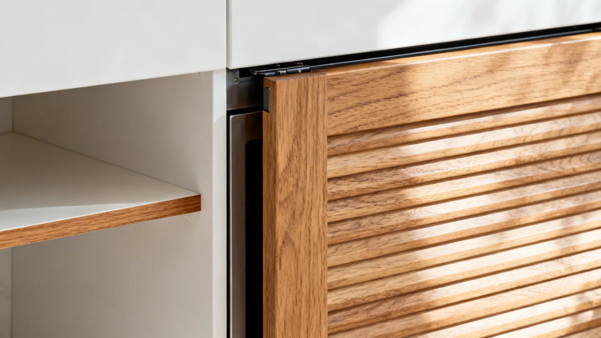 Macro of light oak tambour and slim wood shelf edge contrasting with matte white cabinetry.