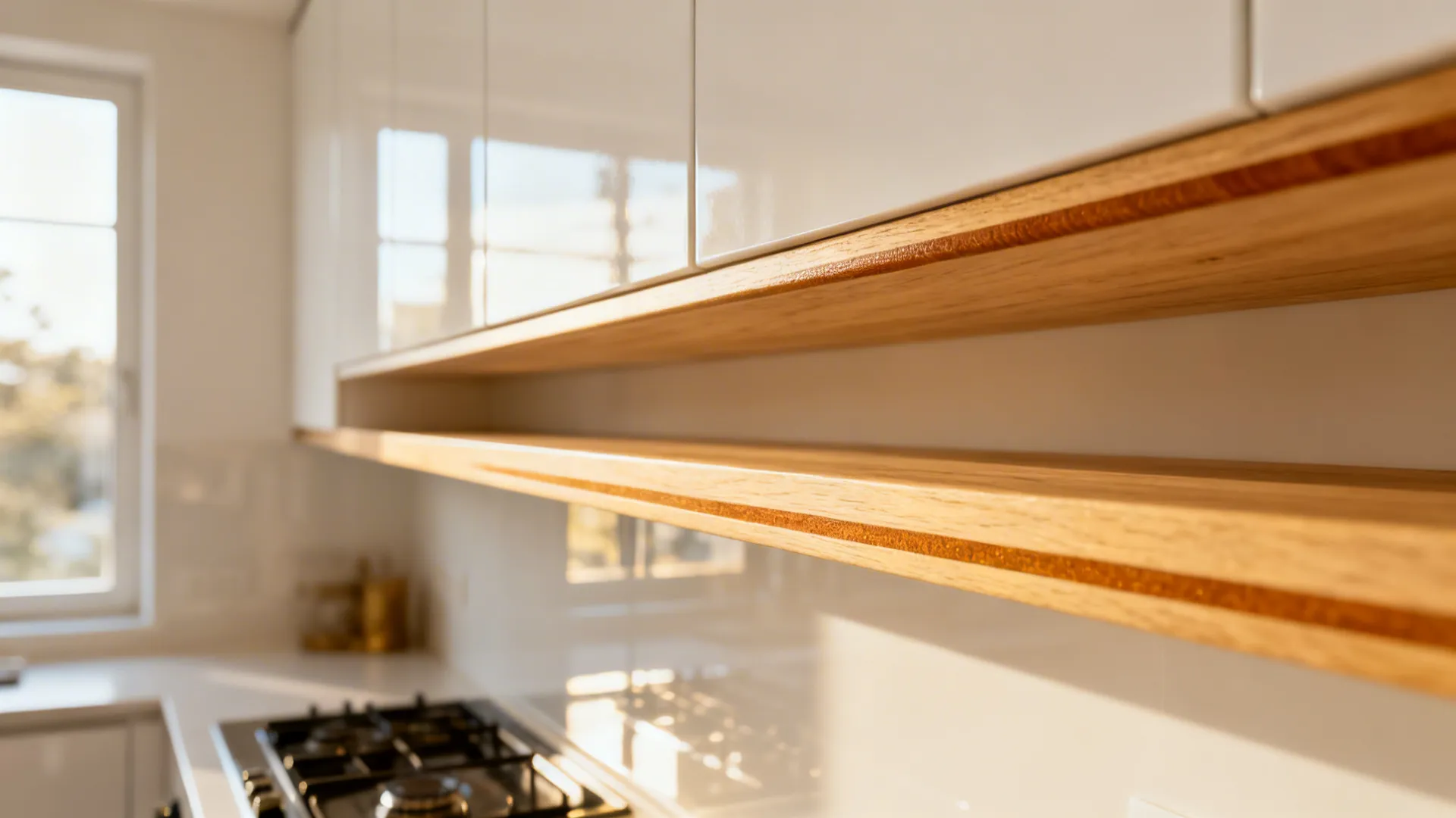 Close-up of light oak shelf edge and trim beside matte white cabinet in a small L kitchen.