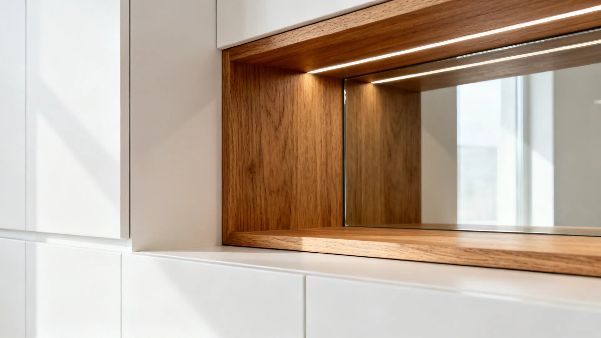 Close-up of rift-cut oak toe-kick and open shelf softening a minimal kitchen.