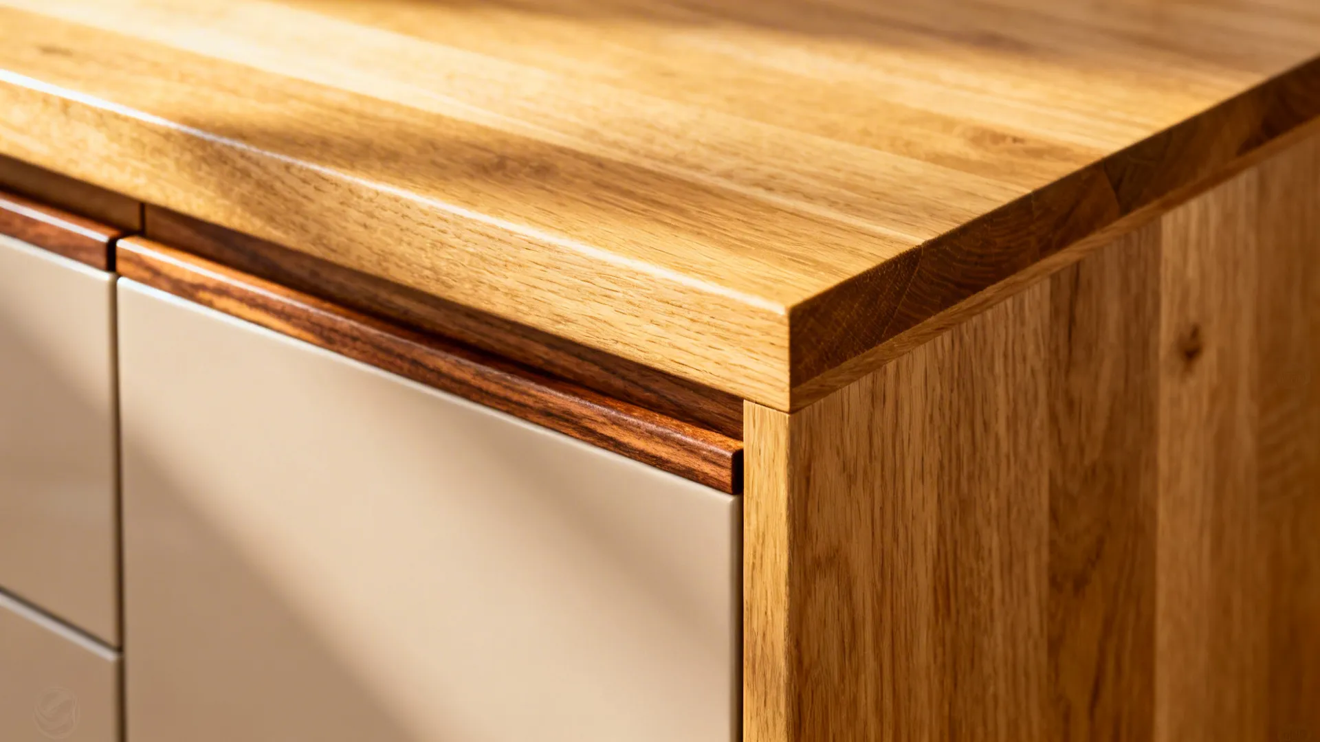 Close-up of oak edge banding and walnut rail accents paired with satin-lacquer cabinet fronts.