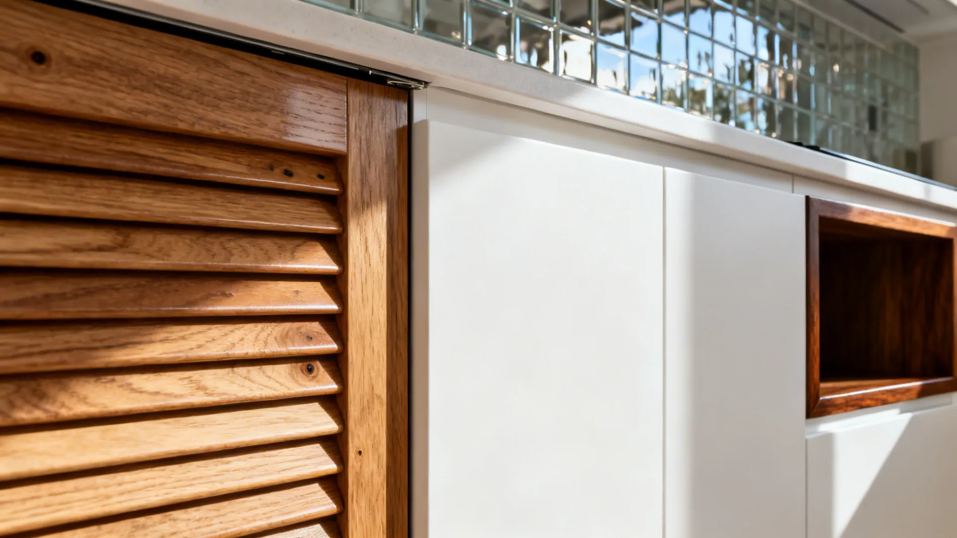 Macro of oak tambour slats meeting satin white cabinetry with a walnut-edged niche in soft daylight.