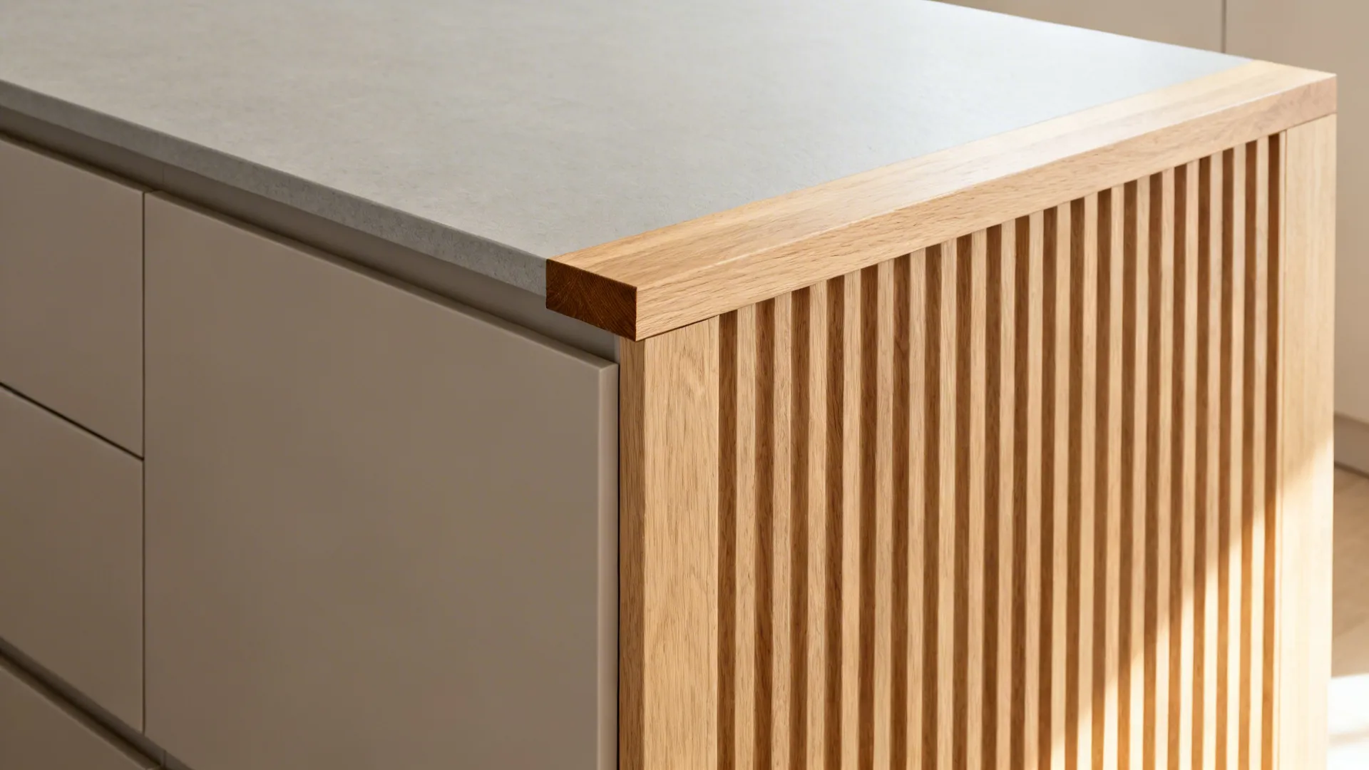 Close-up of pale oak edge detail and fluted wood panel contrasted with matte gray cabinetry.