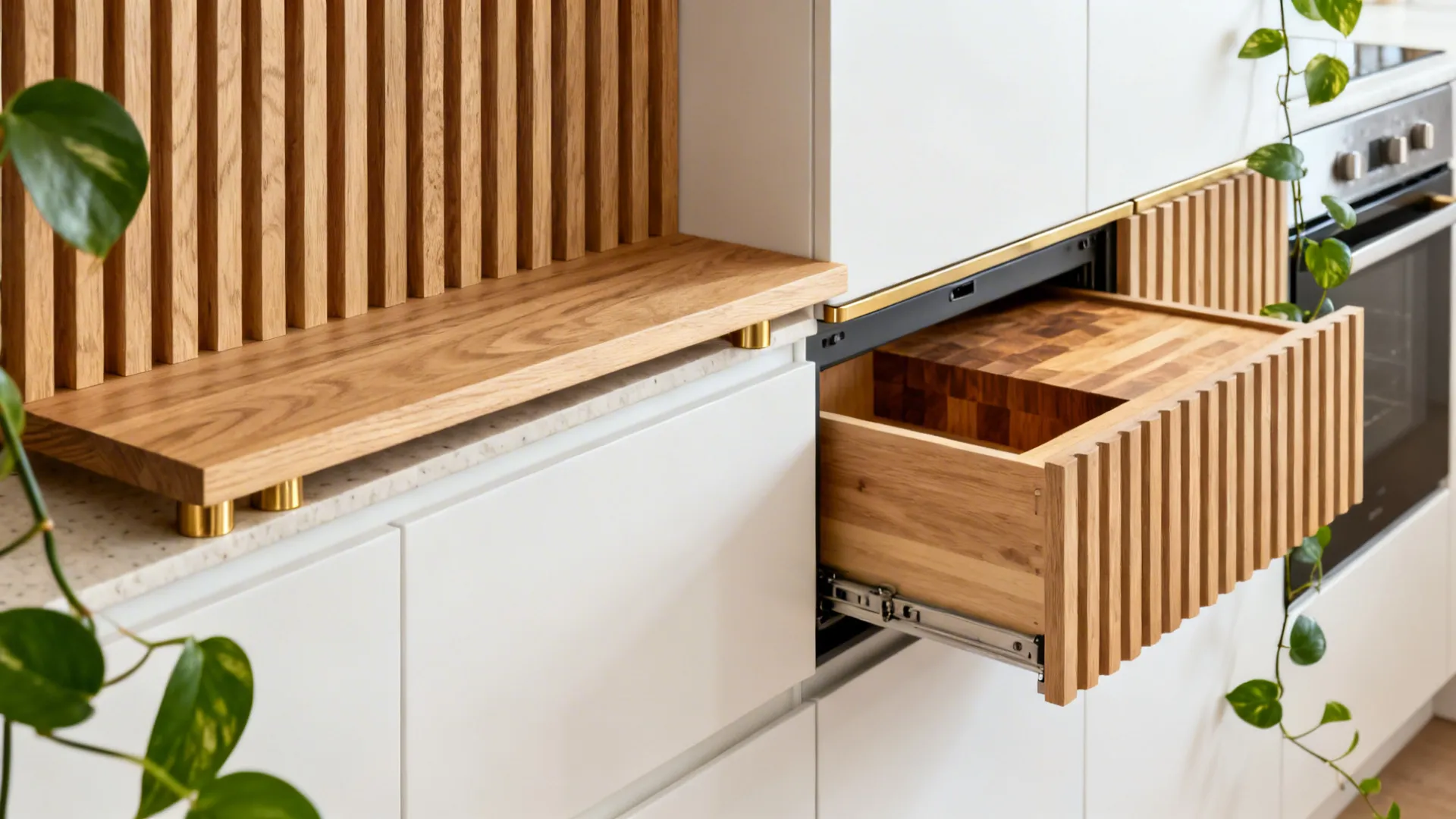 Close-up of light oak shelf, tambour garage, and butcher-block inset warming a white compact kitchen