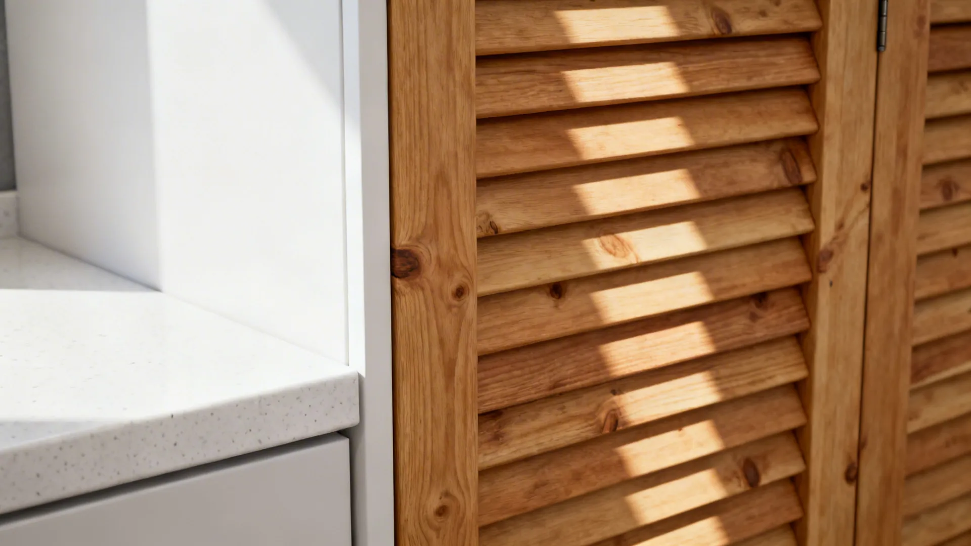 Close-up of warm spruce slatted panel beside matte white cabinet and white quartz edge.