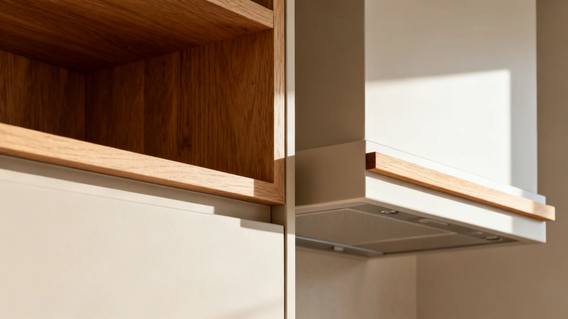 Macro of oak open shelf and slim wood fascia on a compact hood.