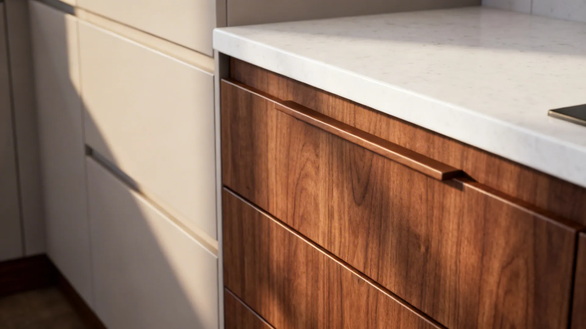 Macro of walnut drawer fronts paired with matte light cabinetry and white quartz.