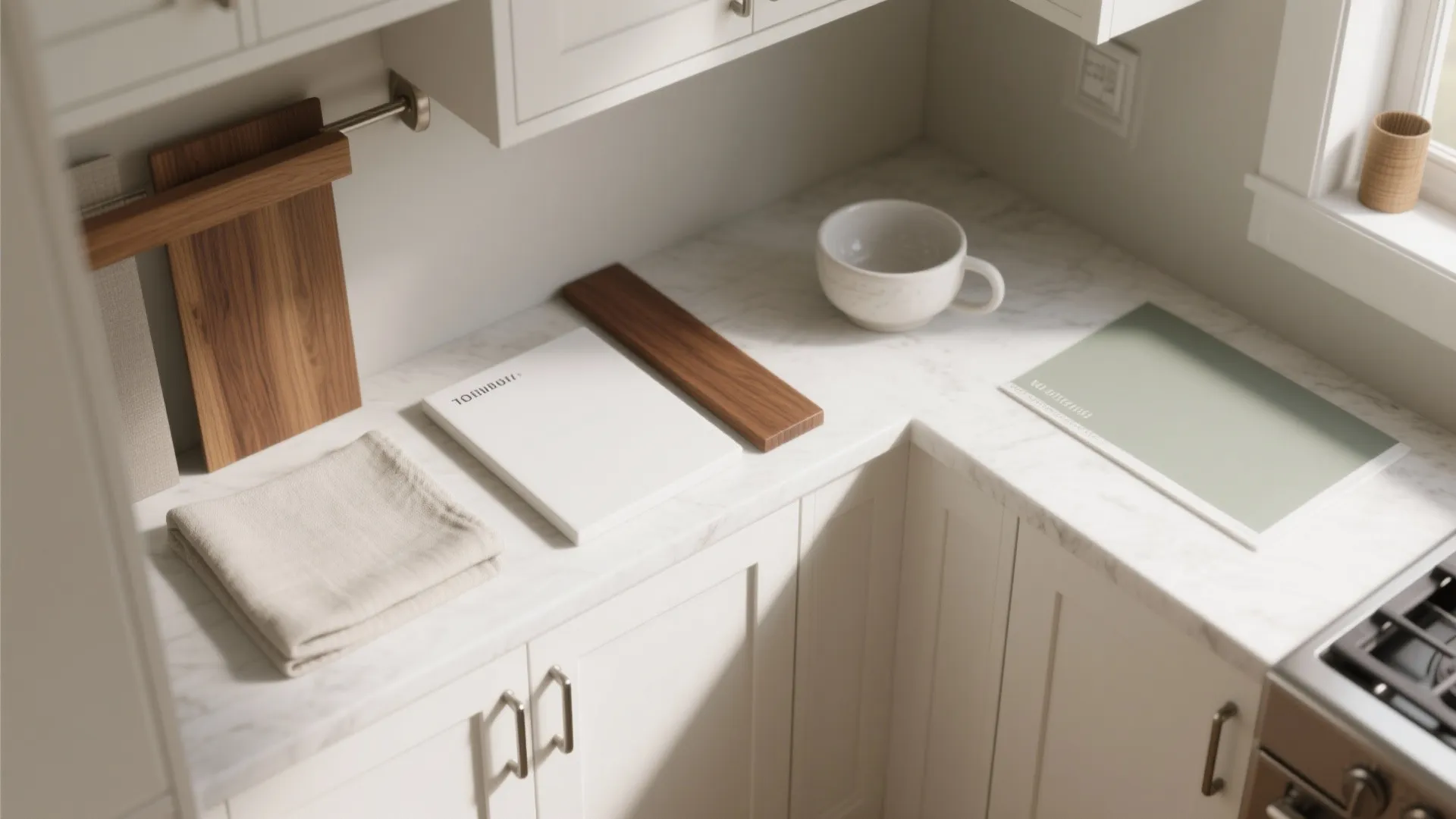 Warm wood accents to soften a white, compact kitchen