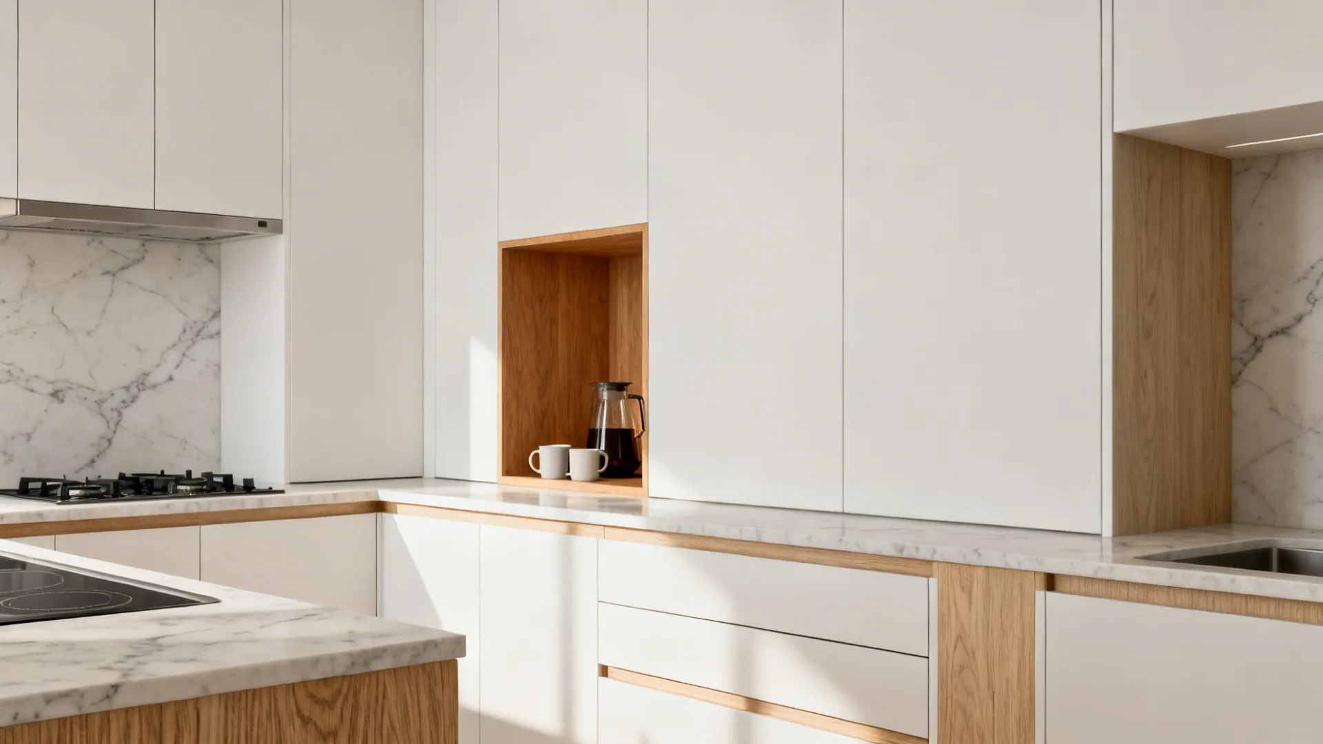 Mixed-texture kitchen with matte white doors and light ash veneer accents around a coffee niche.
