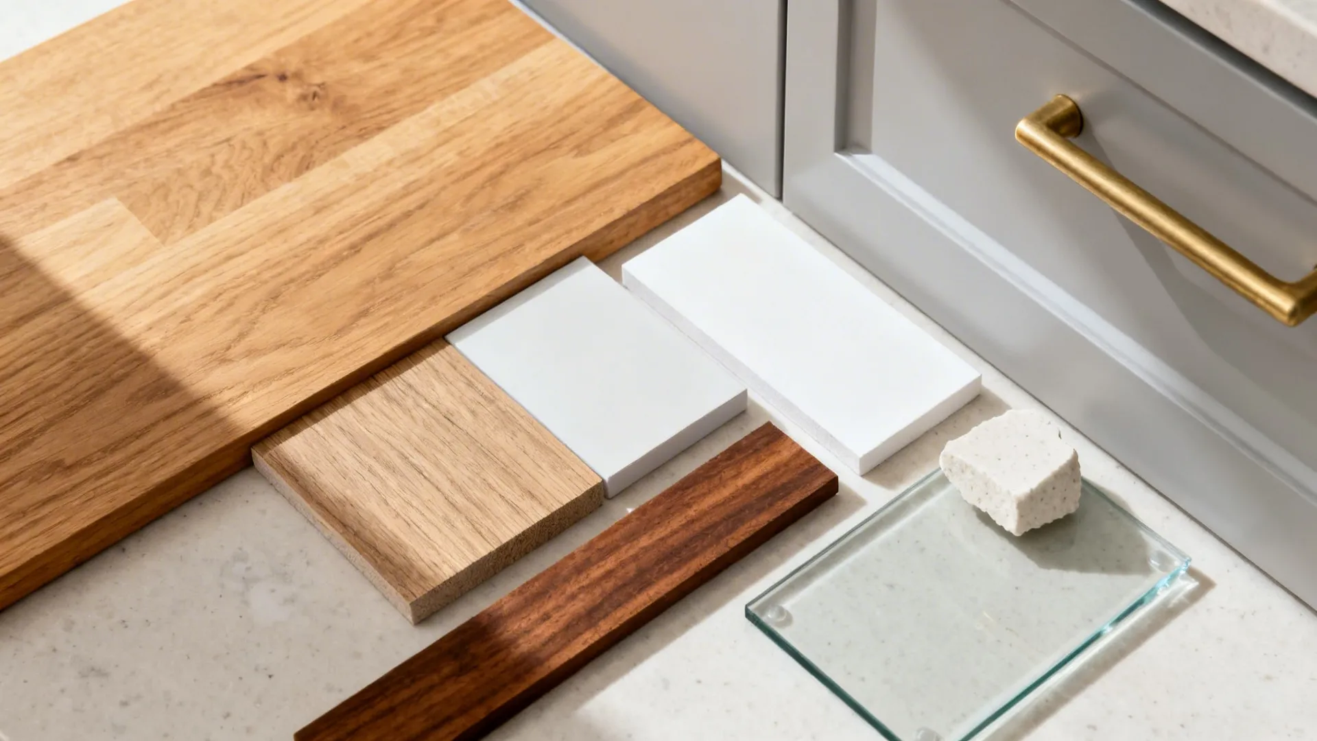Flat lay with oak, ash, walnut, matte cabinet swatches, brass handle, glass, and quartz worktop.