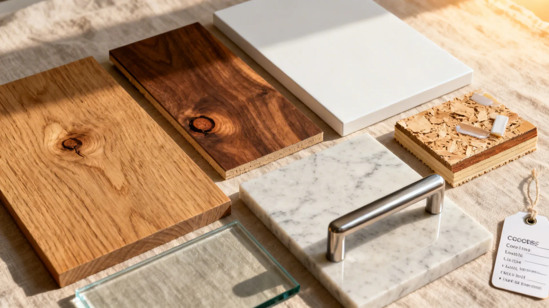 Flatlay of rift oak, walnut, matte white, glass, and light quartz samples for a warm modern kitchen.