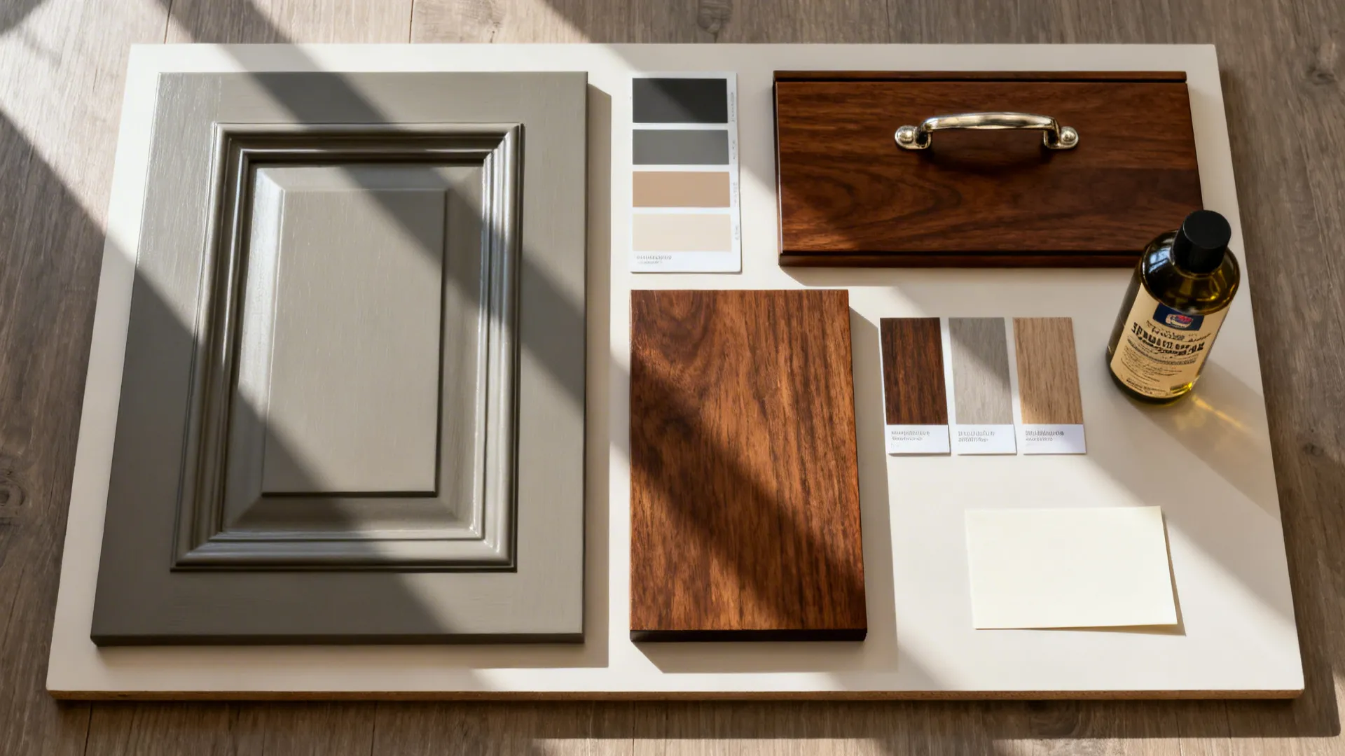 Material board showing a grey cabinet door wood samples color swatches and a metal handle
