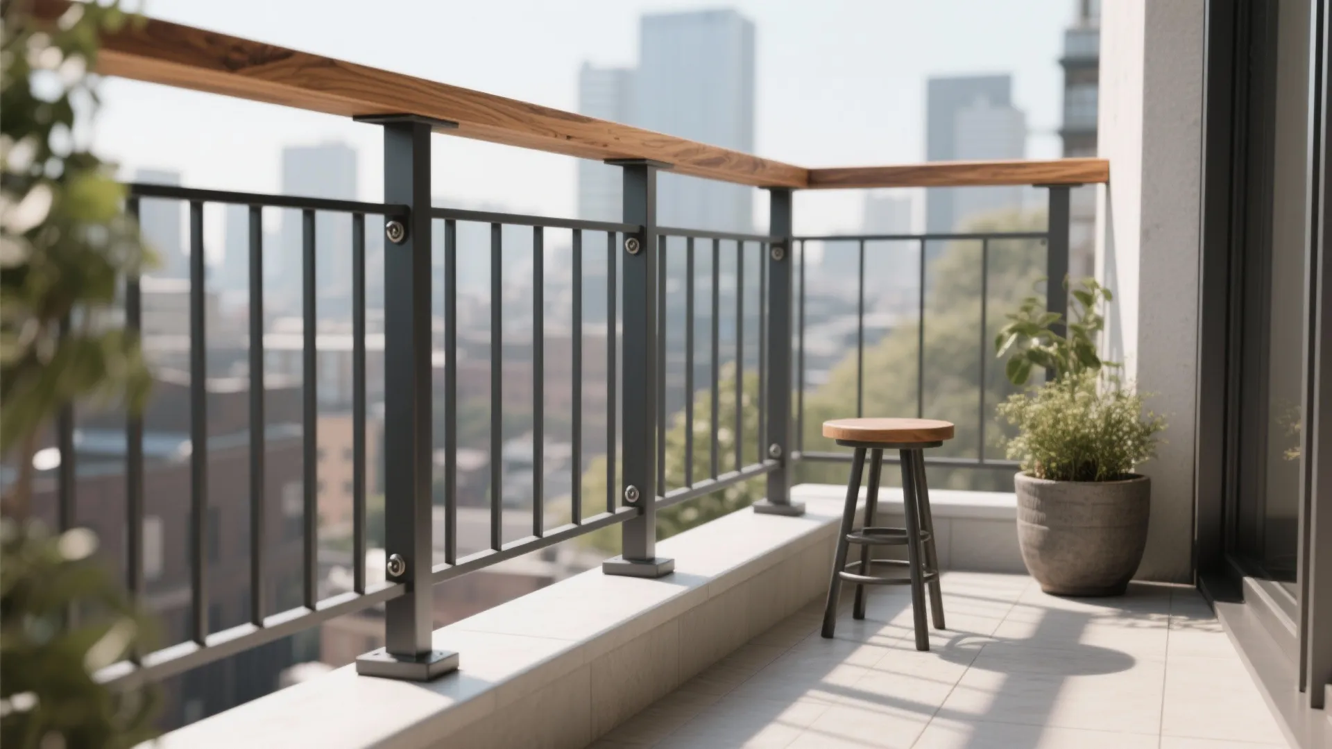 Aluminum balcony railing with a warm wood top rail and modern charcoal frame.