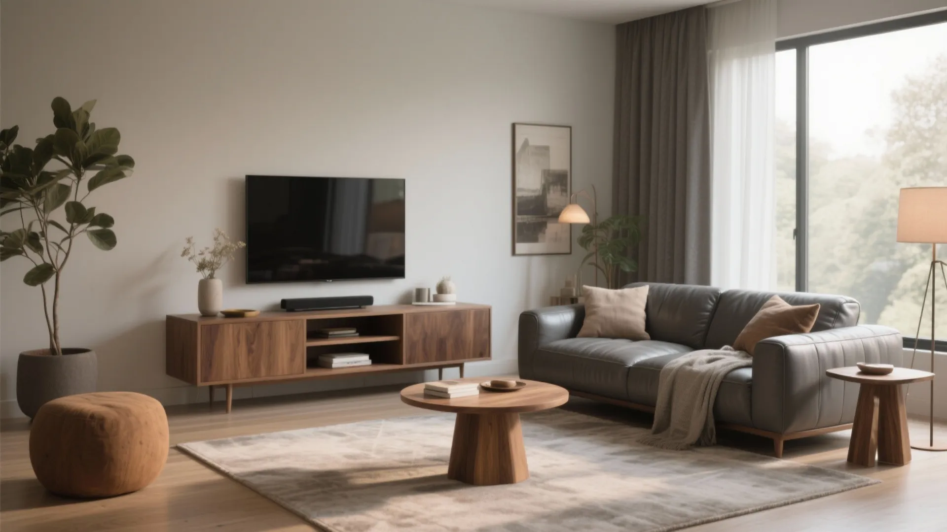 Modern living room with leather sofa wooden coffee table television cabinet indoor plant and floor lamp