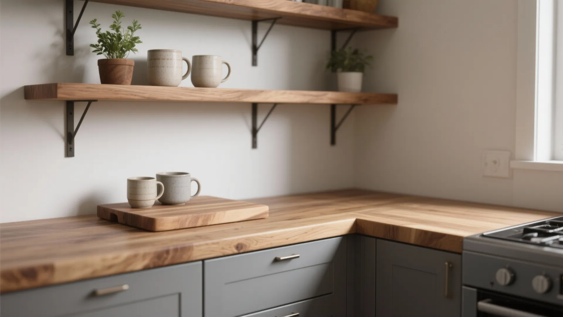 Kitchen interior with wood countertop grey cabinets wooden wall shelves ceramic mugs and small green plants