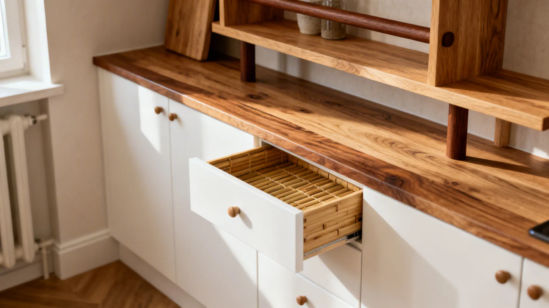 Minimal kitchen with oak shelves, walnut rail, and matte white cabinets in soft daylight.