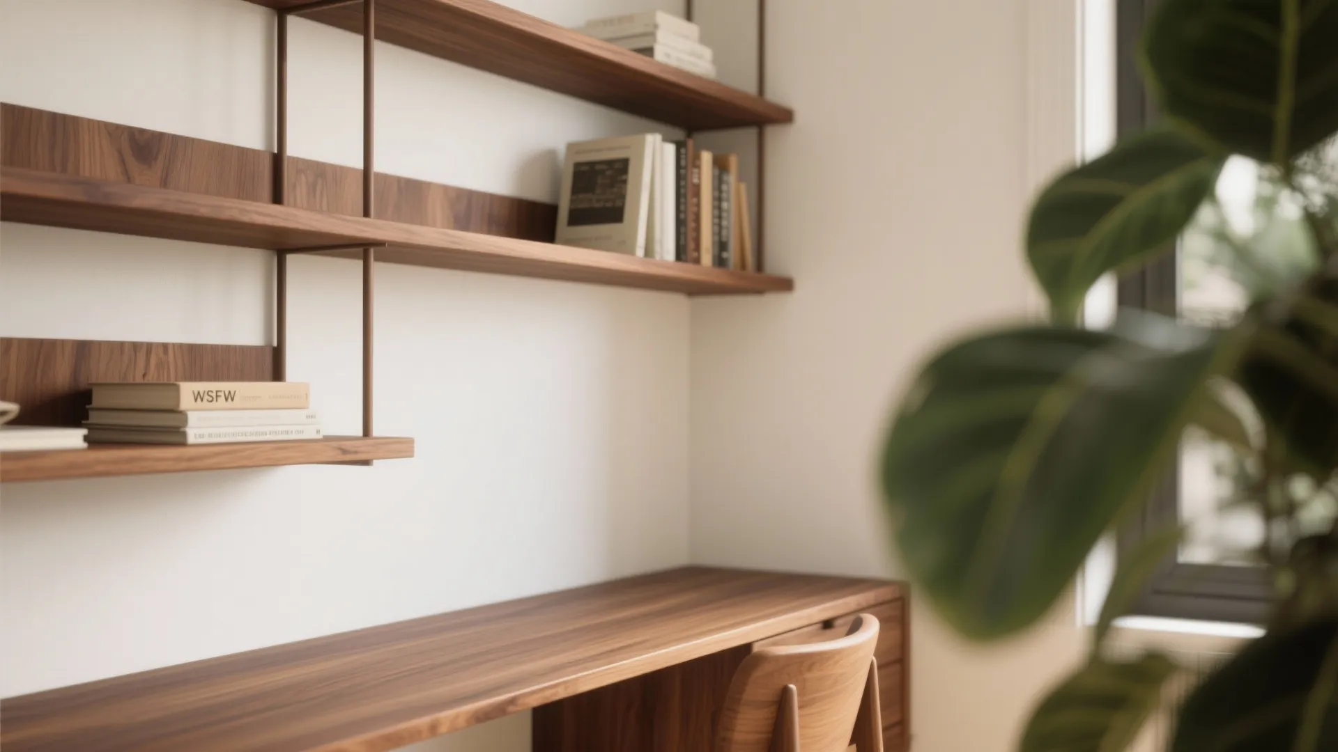 Natural wood study desk with matching wall shelves for books and green plant near window