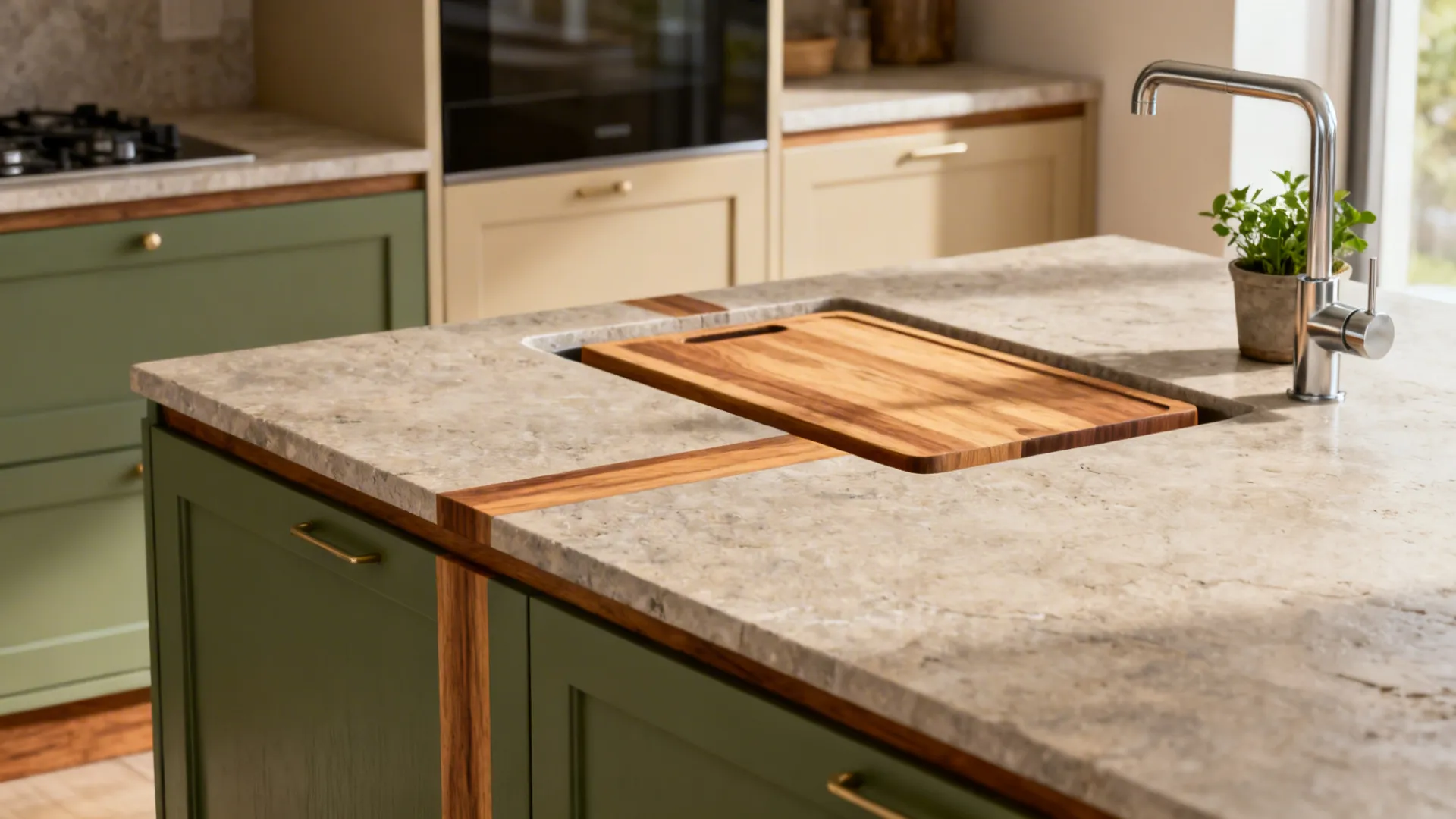 Stone countertop with a slim ash wood band and a wood cutting-board insert under soft daylight.