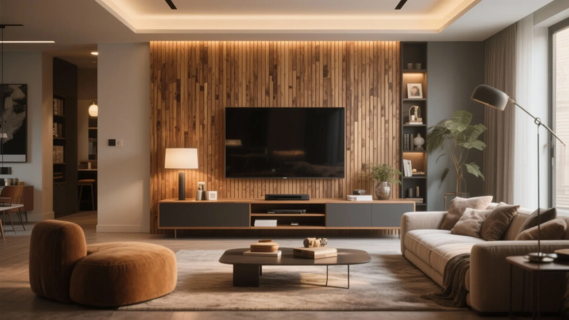 Living room featuring wood wall panel behind television cabinet sofa and warm indoor light fixtures