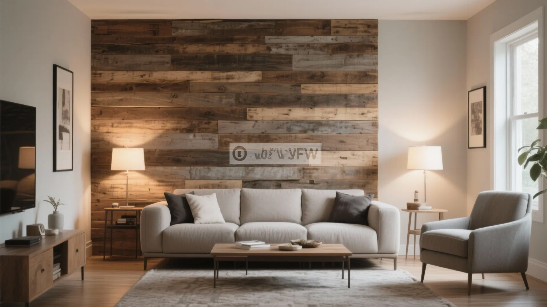 Living room featuring a dark wood wall panel grey sofa two table lamps and coffee table