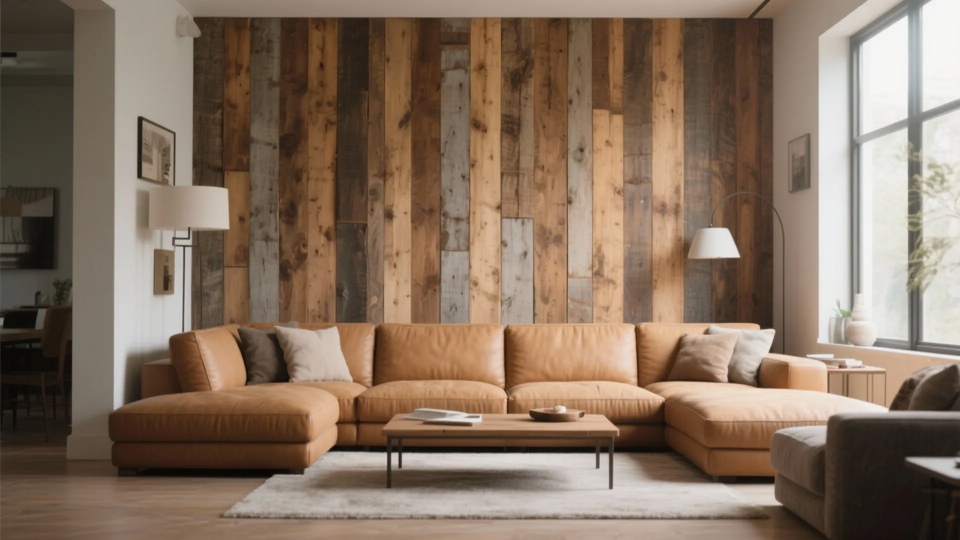 Modern living room featuring a tan leather sofa against a rustic wood panel accent wall