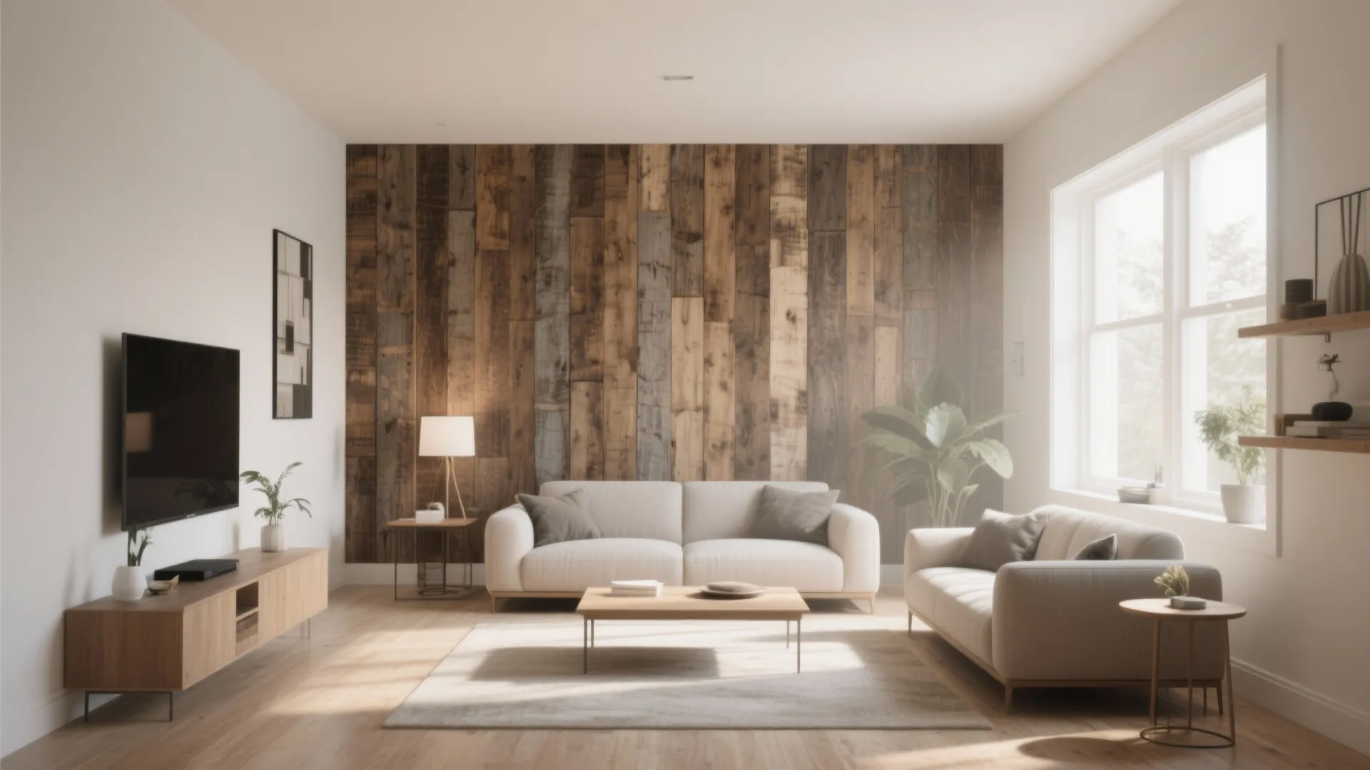 Living room with vertical wood wall panels behind a white sofa and a wooden cabinet